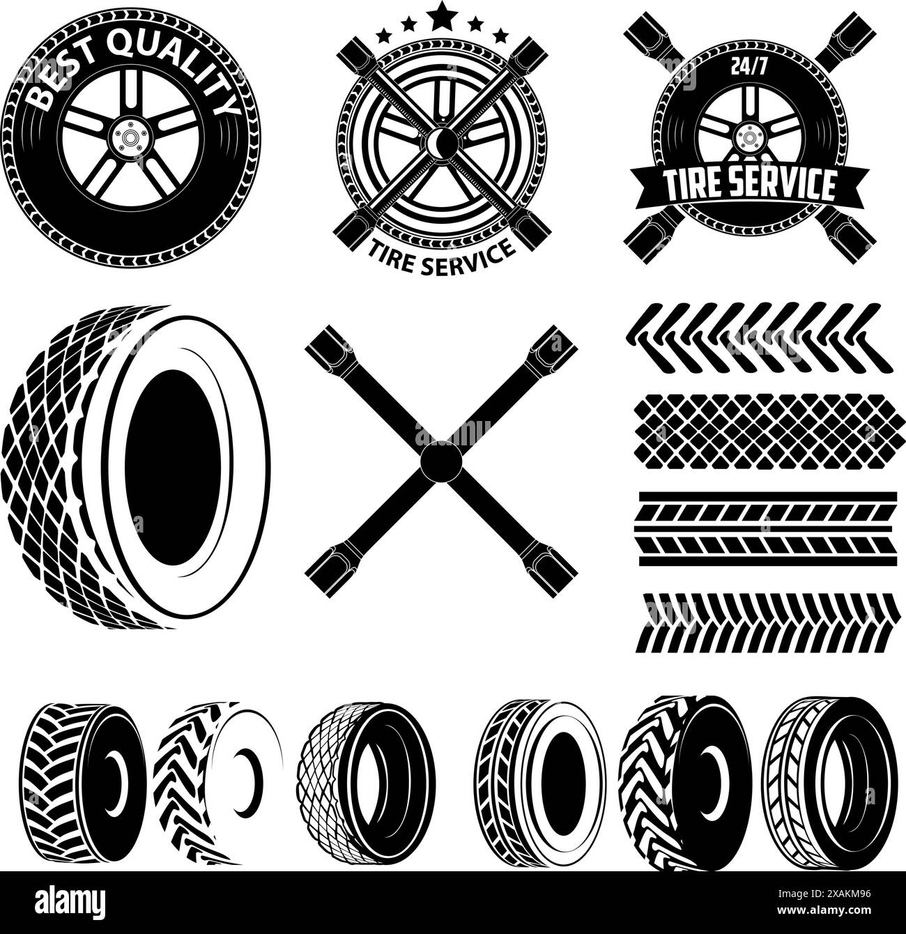 Wartungsetiketten für das Fahrzeug. Reifenwarteschild. Autoteile. Set von Designelementen im Vektor Stock Vektor