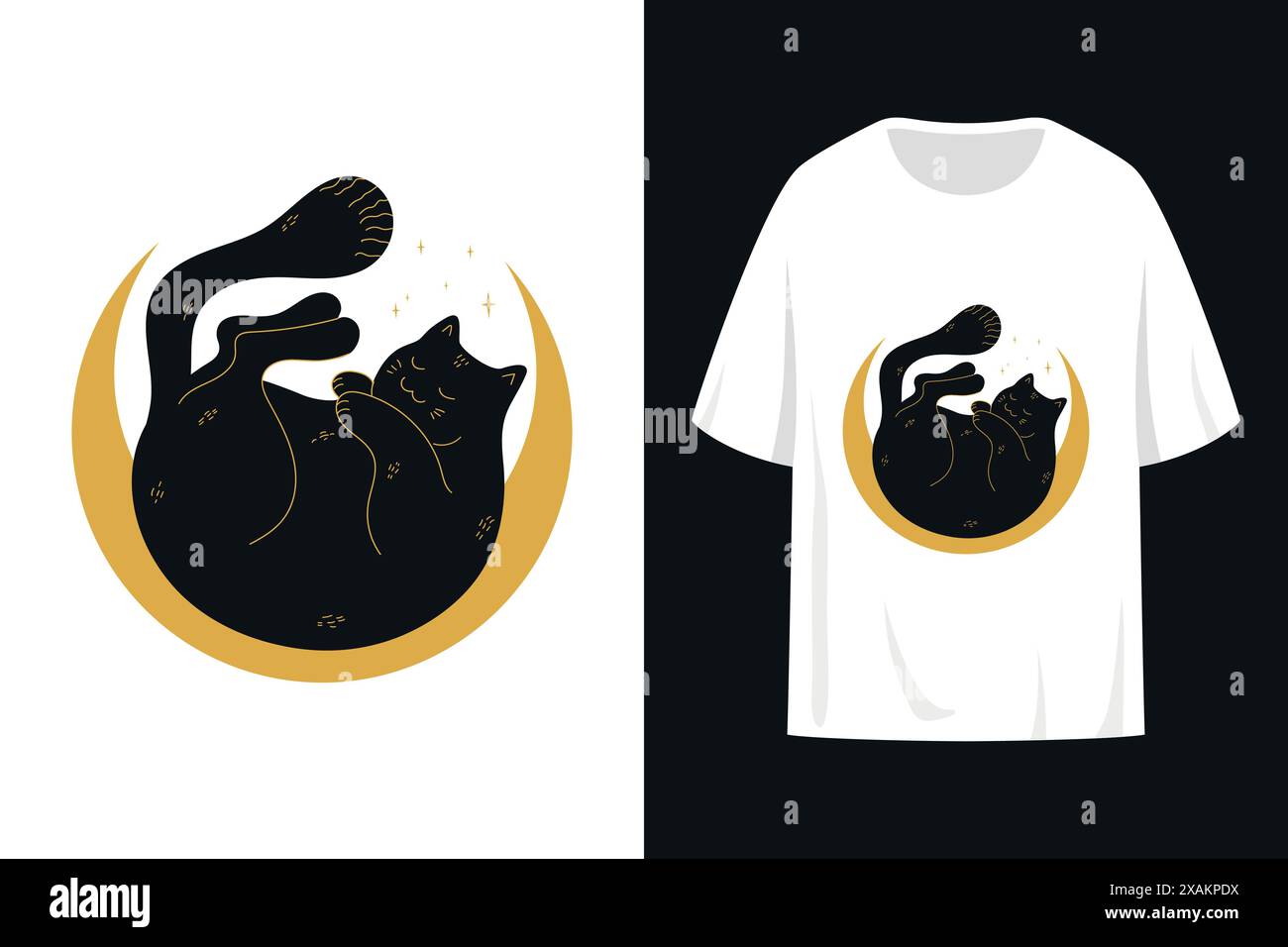 Das T-Shirt-Design mit schlafender schwarzer Katze liegt auf einem eingerollten Halbmond. Vektorabbildung Stock Vektor