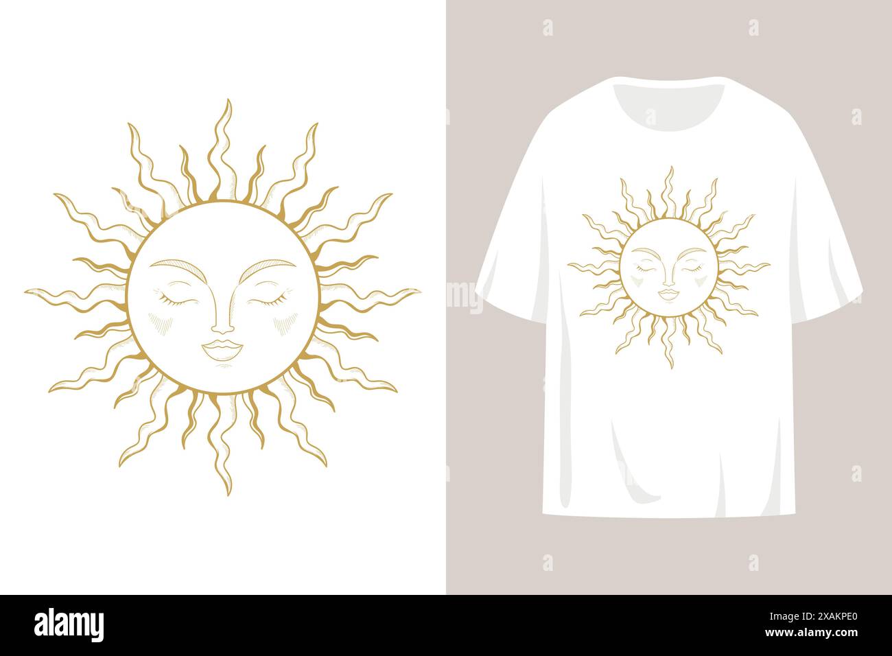 T-Shirt-Motiv mit goldenem magischem Sonnensymbol. Sonne mit menschlichem Gesicht und geschlossenen Augen. Vektorabbildung Stock Vektor