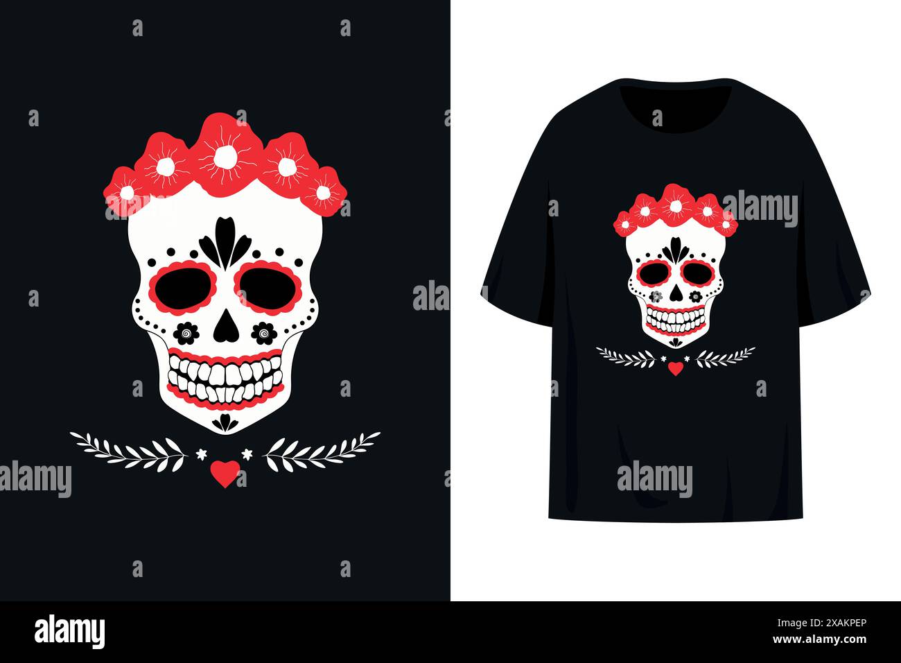 T-Shirt-Print mit Zuckerschädel im roten Blumenkranz. Verziertes Totenkopflogo. Vektorabbildung Stock Vektor