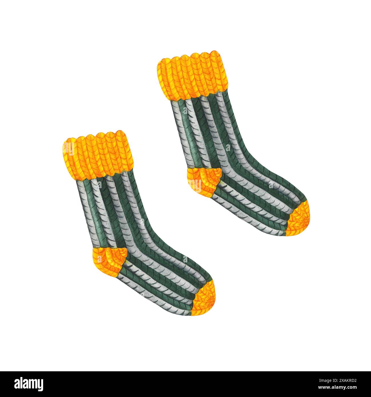 Aquarellzeichnung von Paar gemusterten Socken isoliert auf weißem Hintergrund. Handgezeichnete Illustration eines gestrickten Objekts in gelber und grauer Farbe. Gemütlich Stockfoto