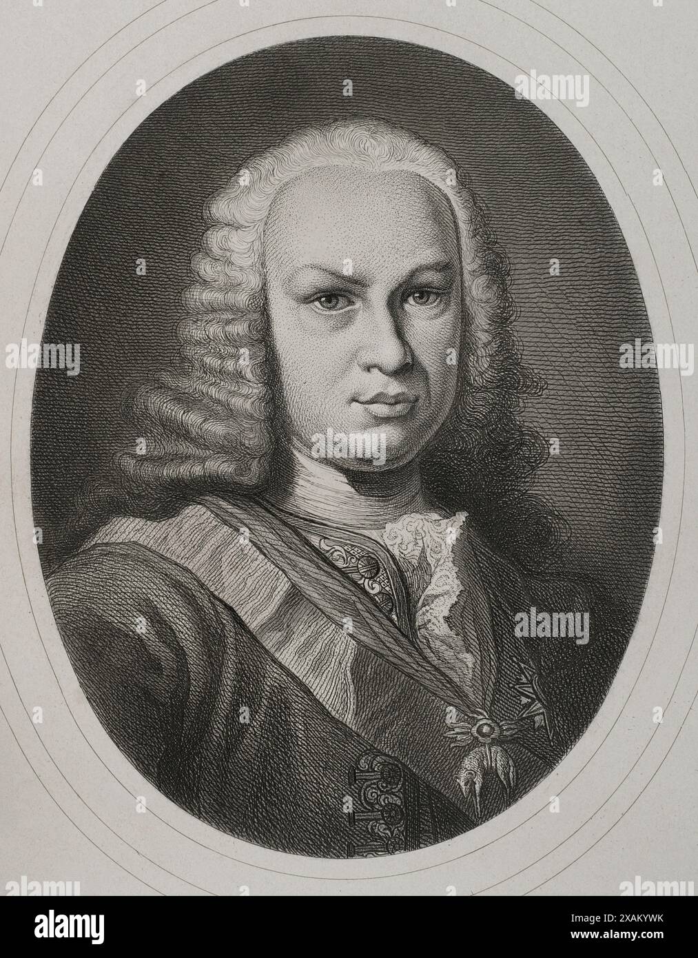 Ferdinand VI (1713-1759). König von Spanien (1746-1759). Bourbon-Dynastie. Hochformat. Gravur von Masson. Lithographie von Magin Pujadas. "Historia General de Espana" von Modesto Lafuente. Band IV. Veröffentlicht in Barcelona, 1879. Stockfoto