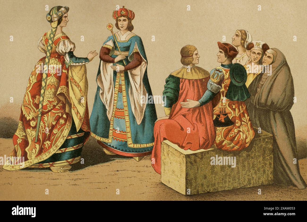 Geschichte Spaniens. Spanische Kostüme aus dem 15. Jahrhundert. Chromolithographie. "Historia Universal", von Cesar Cantu. Band VII, 1881. Stockfoto