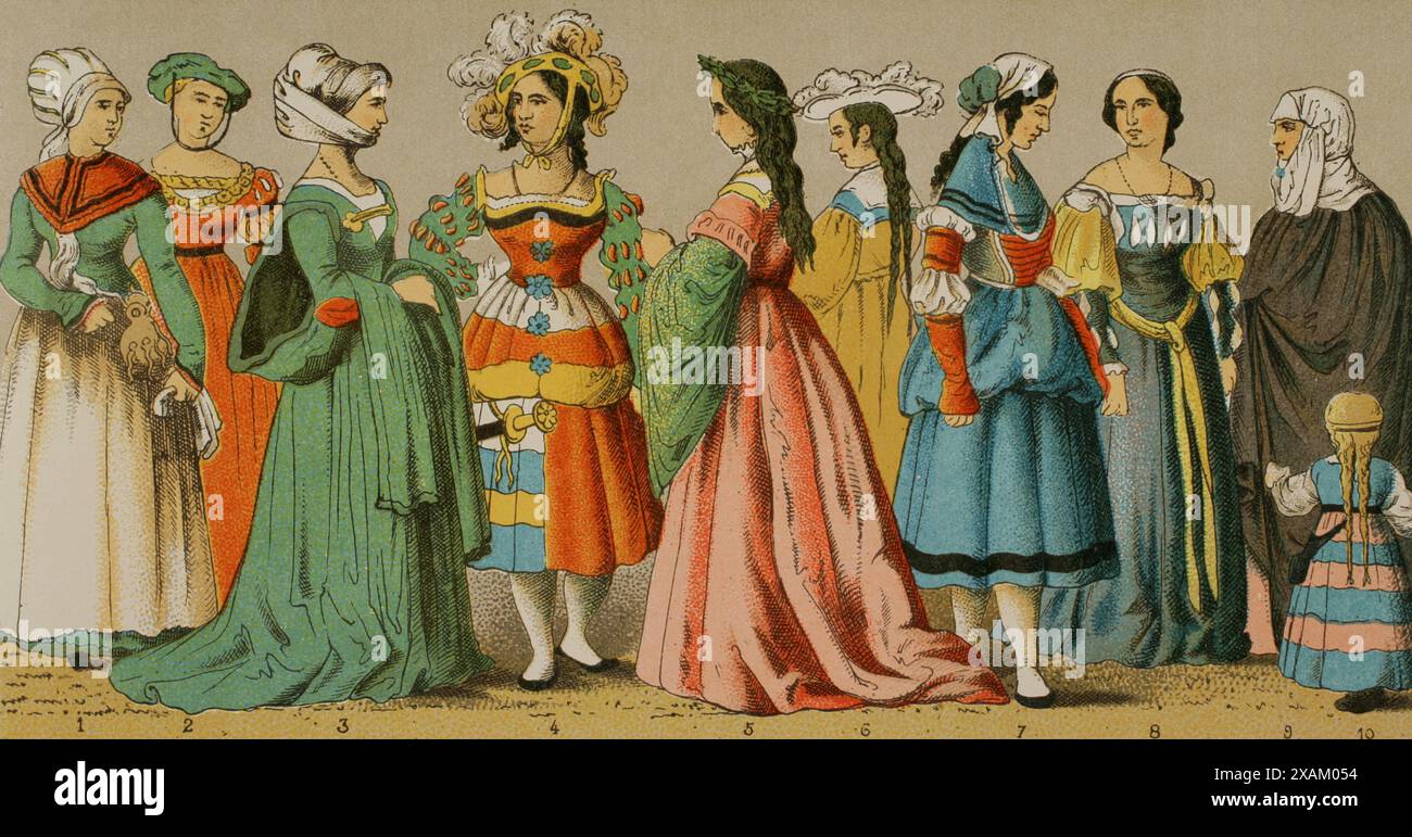 Geschichte Deutschlands. 1500-1550. Damenkleider aus verschiedenen sozialen Schichten. Chromolithographie. "Historia Universal", von Cesar Cantu. Band VII, 1881. Stockfoto