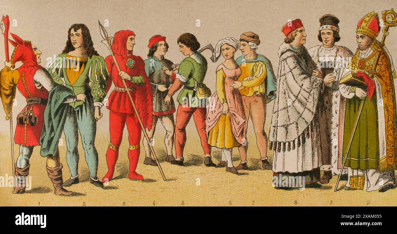 Geschichte Deutschlands. Mittelalter. 1450-1500. Von links nach rechts, 1: jester, 2: ritter, 3: Gerichtsdiener, 4: Bürger, 5: Zimmermann, 6–7: Pflugmänner, 8: kanon, 9: Rektor der universität, 10: bischof. Chromolithographie. "Historia Universal", von Cesar Cantu. Band VIII, 1881. Stockfoto