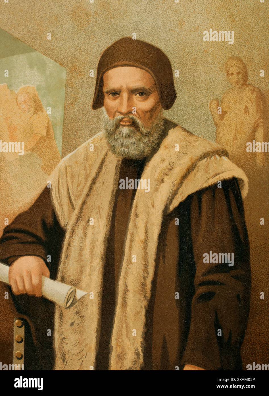 Michelangelo (Michelangelo Buonarroti) (1475-1564). Italienischer Renaissance-Maler, Architekt und Bildhauer. Hochformat. Chromolithographie. Historia Universal von Cesar Cantu. Band VIII. Veröffentlicht in Barcelona, 1886. Stockfoto