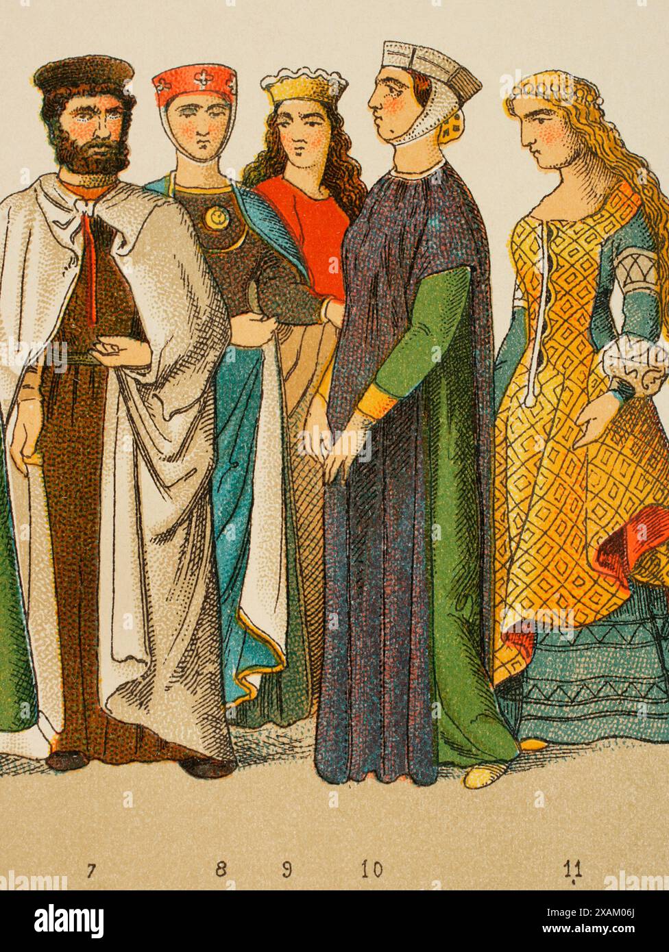 Geschichte Deutschlands. Mittelalter. 1200. Von links nach rechts, 7: Ritter des Deutschen Ordens, 8-9-10-11: Adelsfrauen. Chromolithographie. "Historia Universal", von Cesar Cantu. Band X, 1881. Stockfoto