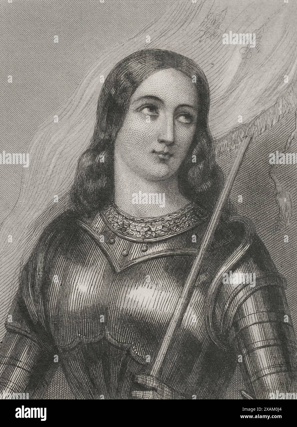 Die Heilige Jeanne d'Arc (1412–1431), die so genannte Maid von Orleans. Französische Heldin. 1909 seliggesprochen und 1920 heilig gesprochen. Hochformat. Kupferstich von Geoffroy. "Historia Universal", von Cesar Cantu. Band IV, 1856. Stockfoto