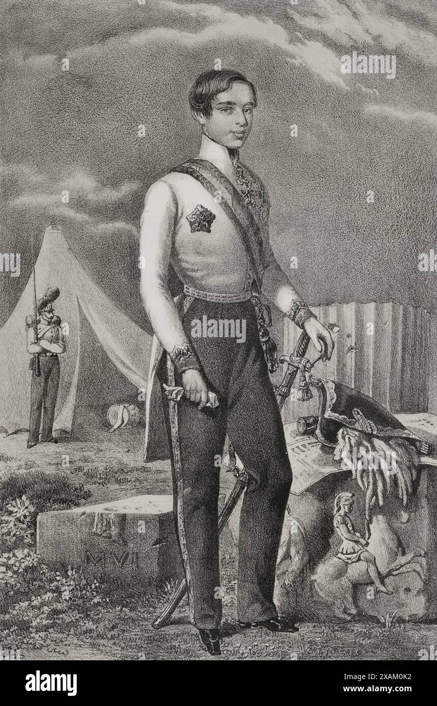 Franz Joseph I. (1830-1916). Kaiser von Österreich (1848–1916) und König von Ungarn (1867–1916). Hochformat. Zeichnung von Urrabieta. Lithographie von J. Donon. „Reyes Contemporaneos“. Band I. erschienen in Madrid, 1855. Stockfoto