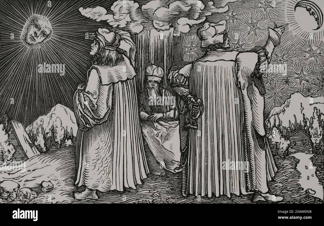 Planetensysteme. Faksimile eines Hans Holbein zugeschriebenen Stiches aus der deutschen Übersetzung von Boethius „Trost der Philosophie“, veröffentlicht 1537 in Augsburg. Sciences & Lettres au Moyen Age et a l'epoque de la Renaissance. Paris, 1877. Stockfoto