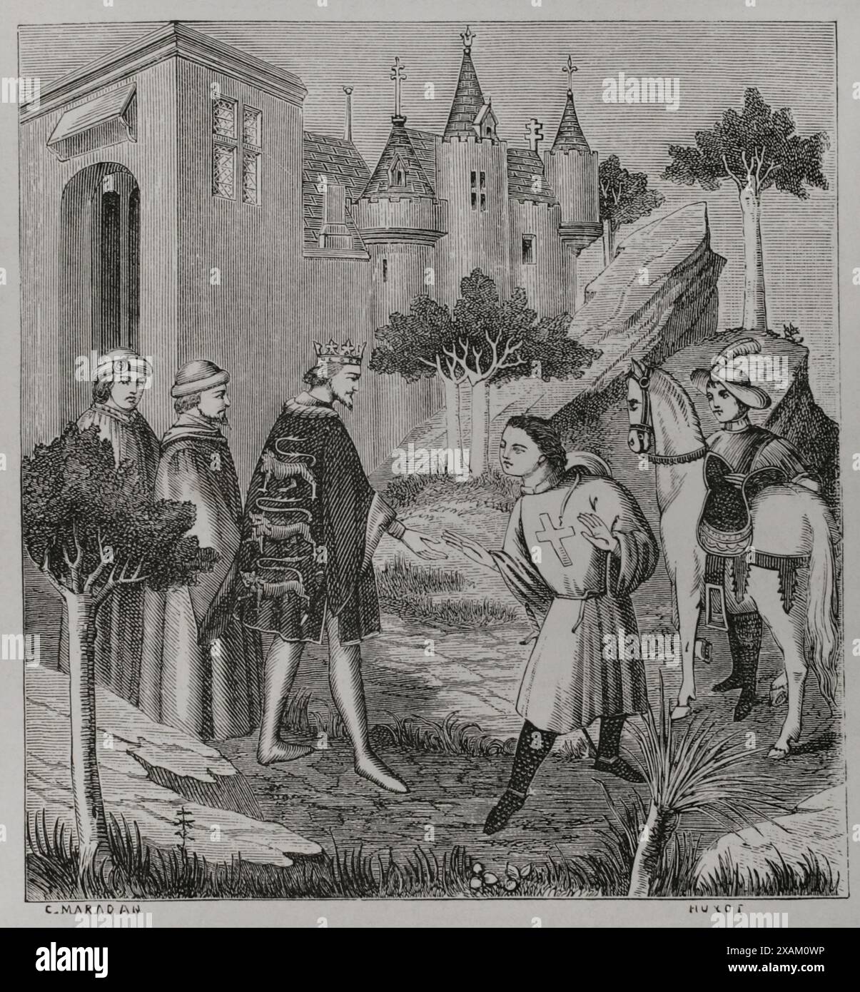 John de Mandeville, gefeierter fiktiver Charakter aus dem Buch „The Travels of Sir John Mandeville“ (Mandeville’s Travels), das zwischen 1357 und 1371 geschrieben wurde. Es geht um einen englischen Gentleman, der 34 Jahre lang die Welt bereiste und alles erzählte, was passiert ist. John de Mandeville nimmt Abschied von König Eduard III. (1312–1377) vor seiner Abreise nach „Beyond the Seas“. Zeichnung von C. Maradan. Stich von Huyot. Nach einer Miniatur aus dem 15. Jahrhundert. Sciences & Lettres au Moyen Age et a l'epoque de la Renaissance. Paris, 1877. Stockfoto