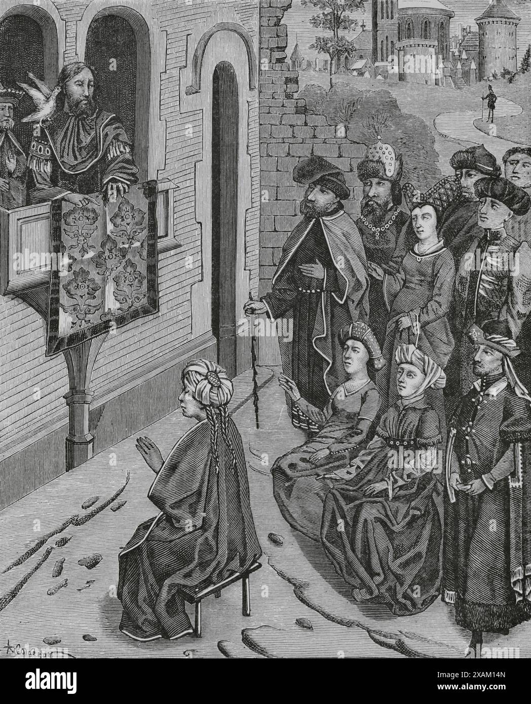 Vertreibung der Juden aus Judäa 135 n. Chr. durch den römischen Kaiser Hadrian nach der Niederschlagung der Bar Kokhba-Revolte. Der Versuch, die Juden zu vertreiben, wäre erfolglos. Wie Heraklius die Juden aus Jerusalem vertrieben hat. Faksimile einer Miniatur in „Histoire des Empereurs“, einem Manuskript aus dem 15. Jahrhundert. "Moeurs, usages et Kostüumes au moyen-age et a l'epoque de la Renaissance" von Paul Lacroix. Paris, 1878. Stockfoto