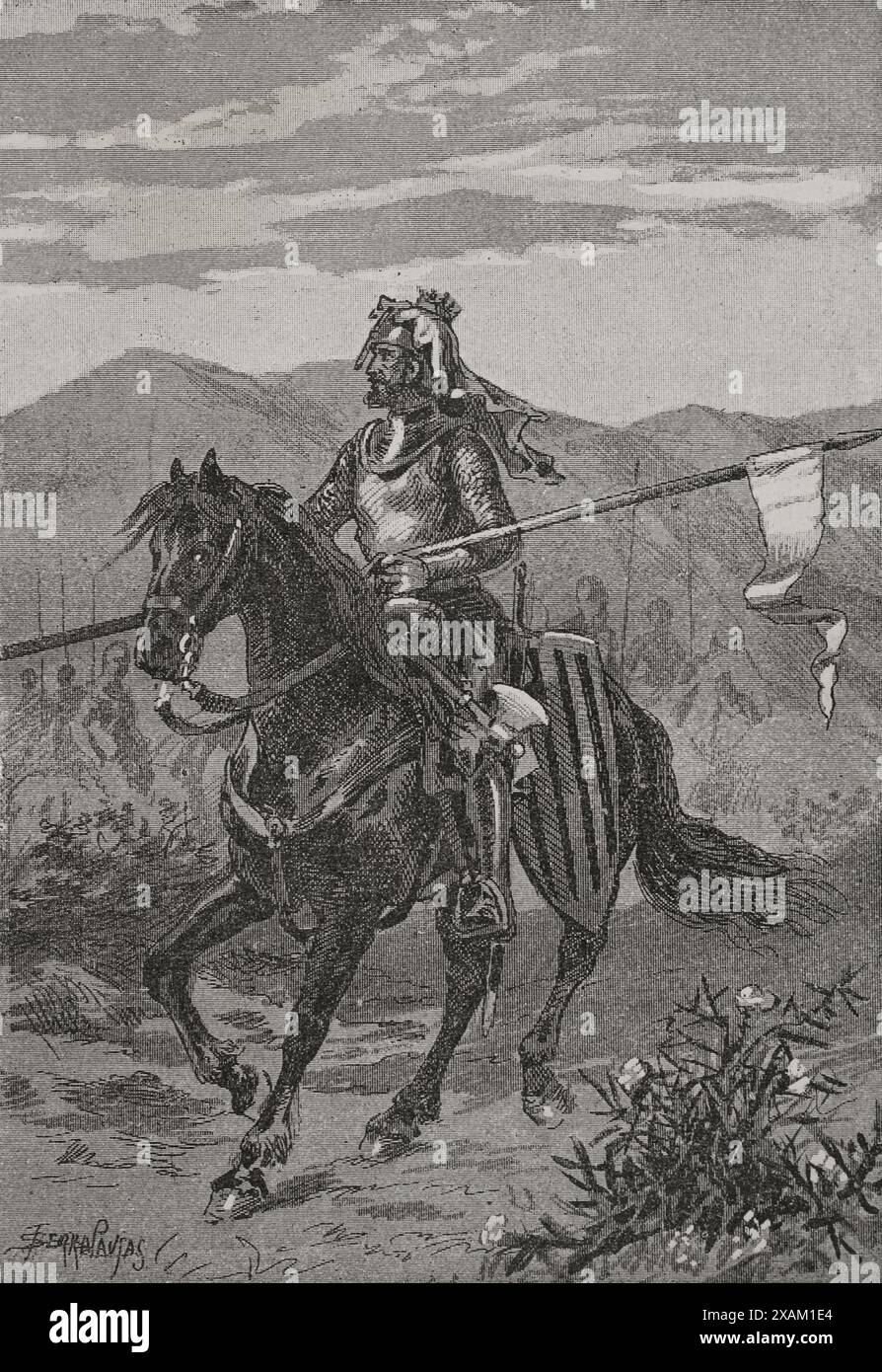 Peter III. Von Aragonien (1240-1285), der so genannte „der große“. König von Aragon, Valencia (als Peter I.) und Graf von Barcelona (als Peter II.). Reiterporträt. Stich von Serra Pausas. „Glorias Espanolas“ (Glorias Espanolas). Band II. Veröffentlicht in Barcelona, 1890. Stockfoto