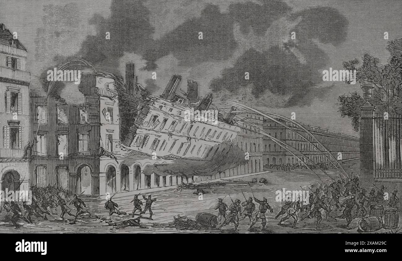 Frankreich. Kommune Paris. Revolutionäre Volksbewegung, die vom 18. März bis 28. Mai 1871 in Paris die Macht übernahm, während des Deutsch-Französischen Krieges. Rue de Rivoli (Rivoli-Straße) am Nachmittag des 25. Mai 1871. Zusammenbruch des Gebäudes des Finanzministeriums. Gravur von Capuz. Historia de la Guerra de Francia y Prusia (Geschichte des Krieges zwischen Frankreich und Preußen). Band II Veröffentlicht in Barcelona, 1871. Stockfoto