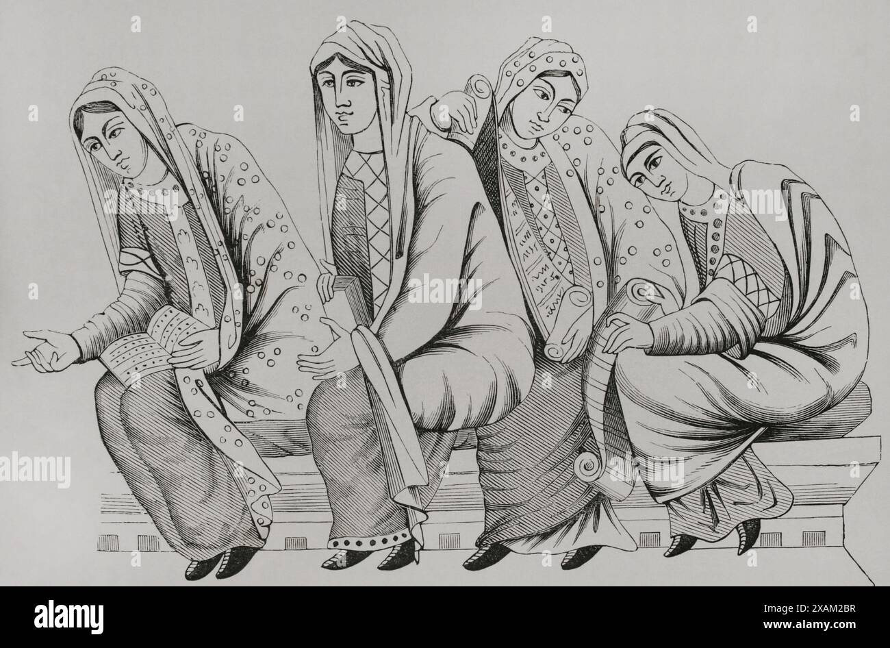 Kleider der Adligen im 11. Jahrhundert. Faksimile eines Stiches, basierend auf einer Miniatur aus der „Bibel Karls des Kahlen“ aus dem 9. Jahrhundert. "Moeurs, usages et Kostüumes au moyen-age et a l'epoque de la Renaissance" von Paul Lacroix. Paris, 1878. Stockfoto