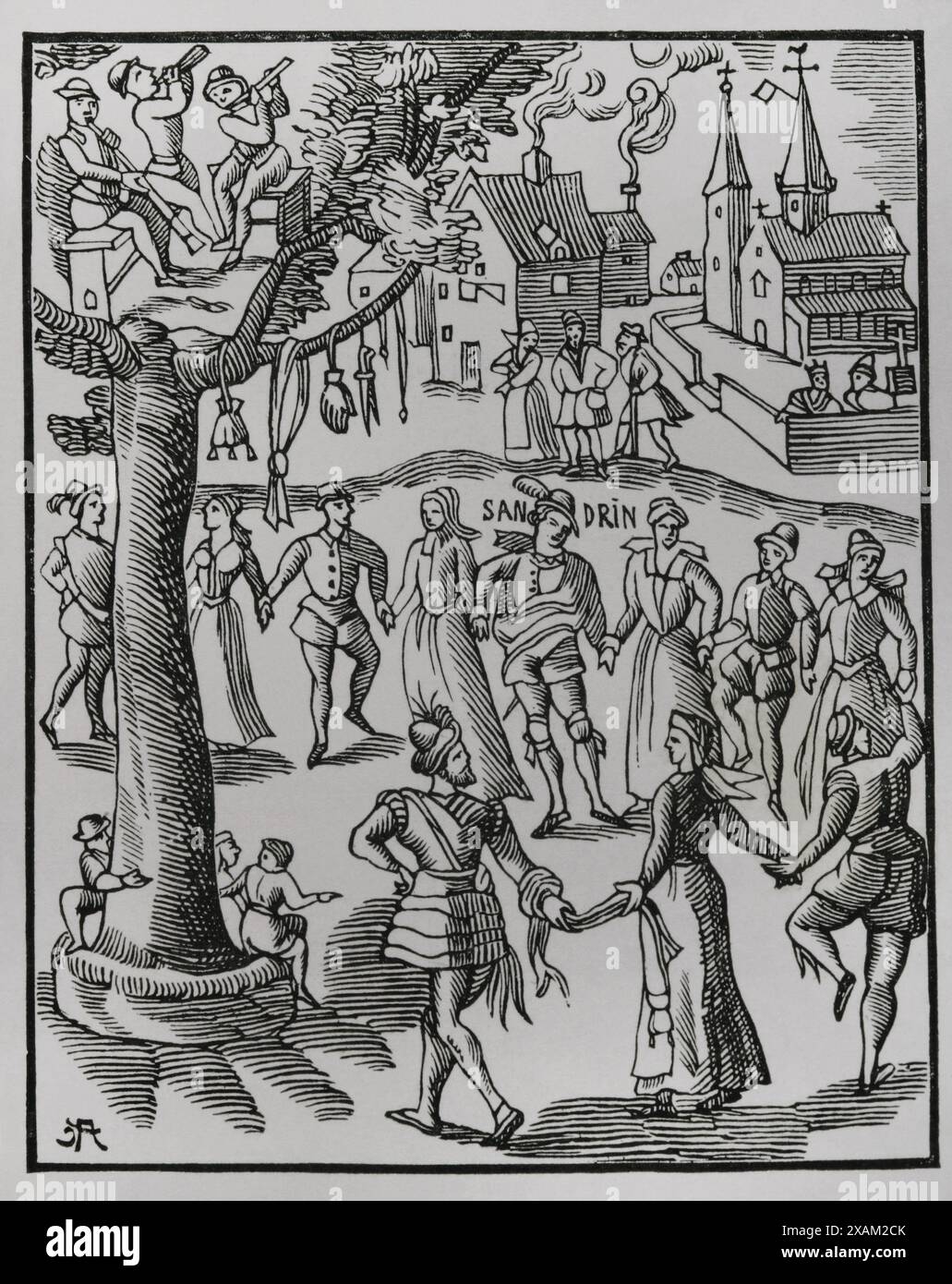 Dorffest. Faksimile nach einem Holzschnitt des „Sandrin ou Verd Galant“, Ausgabe von 1609. "Moeurs, usages et Kostüumes au moyen-age et a l'epoque de la Renaissance" von Paul Lacroix. Paris, 1878. Stockfoto