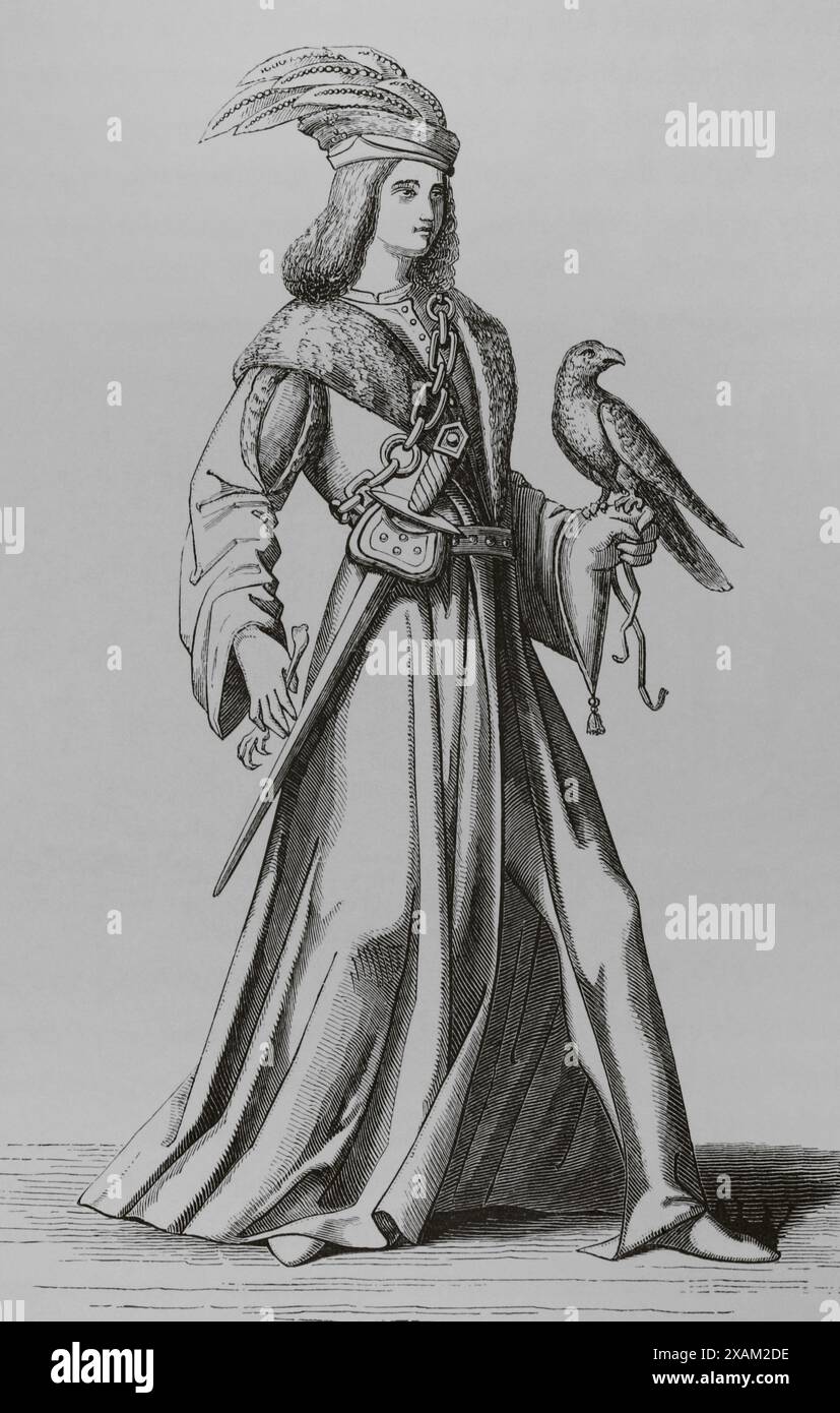 Ein Adel aus dem 15. Jahrhundert der Provence. Gravur nach „Kostüme historiques“ von Bonnard. "Moeurs, usages et Kostüumes au moyen-age et a l'epoque de la Renaissance" von Paul Lacroix. Paris, 1878. Stockfoto