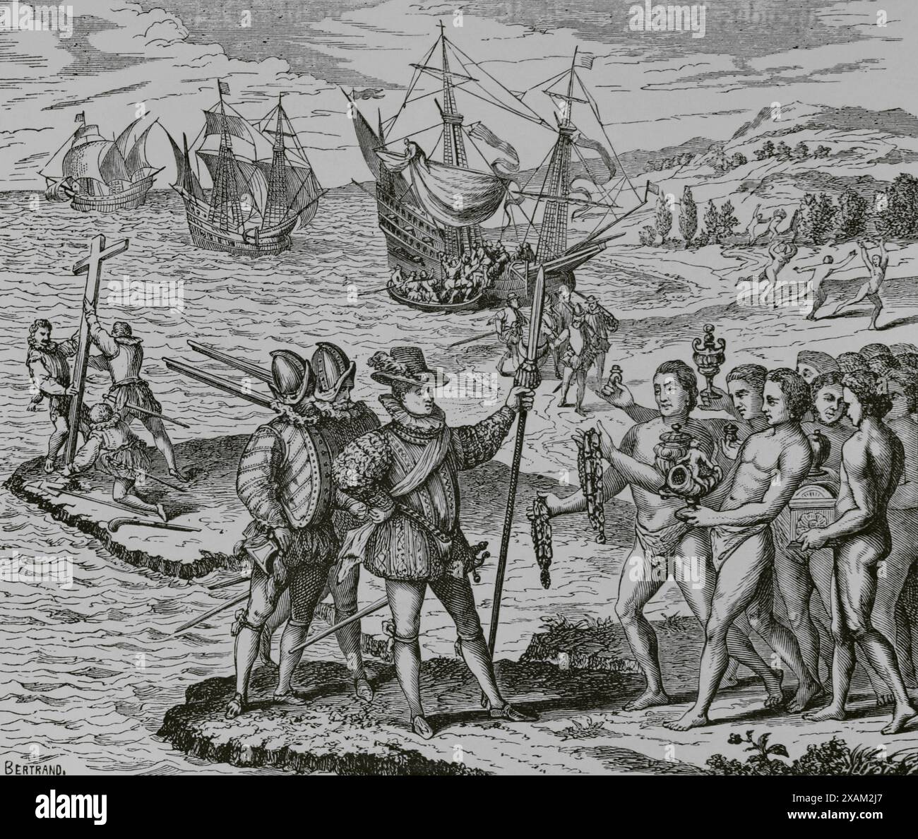 Christoph Kolumbus (1451-1506). Navigator, Kartograf und Admiral. Er diente der Krone von Kastilien. Landung von Christoph Kolumbus auf der Insel Guanahani am 12. Oktober 1492, Errichtung des Kreuzes und Taufe der Insel im Namen Christi, die Insel San Salvador (im Archipel der Bahamas) genannt wird. Stich von Bertrand nach Theodor de Bry (ca. 1528-1598), in der Sammlung „Grands Voyages“, erschienen in Frankfurt, 1590. "Moeurs, usages et Kostüumes au moyen-age et a l'epoque de la Renaissance" von Paul Lacroix. Paris, 1878. Stockfoto