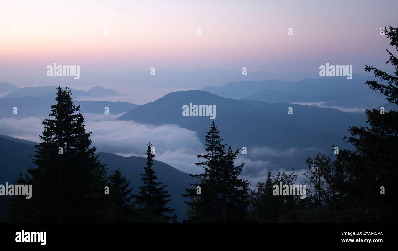 Tal voller Nebel bei Sonnenaufgang umgeben von Bergen und Wäldern, gedreht in der Slowakei, Europa Stockfoto