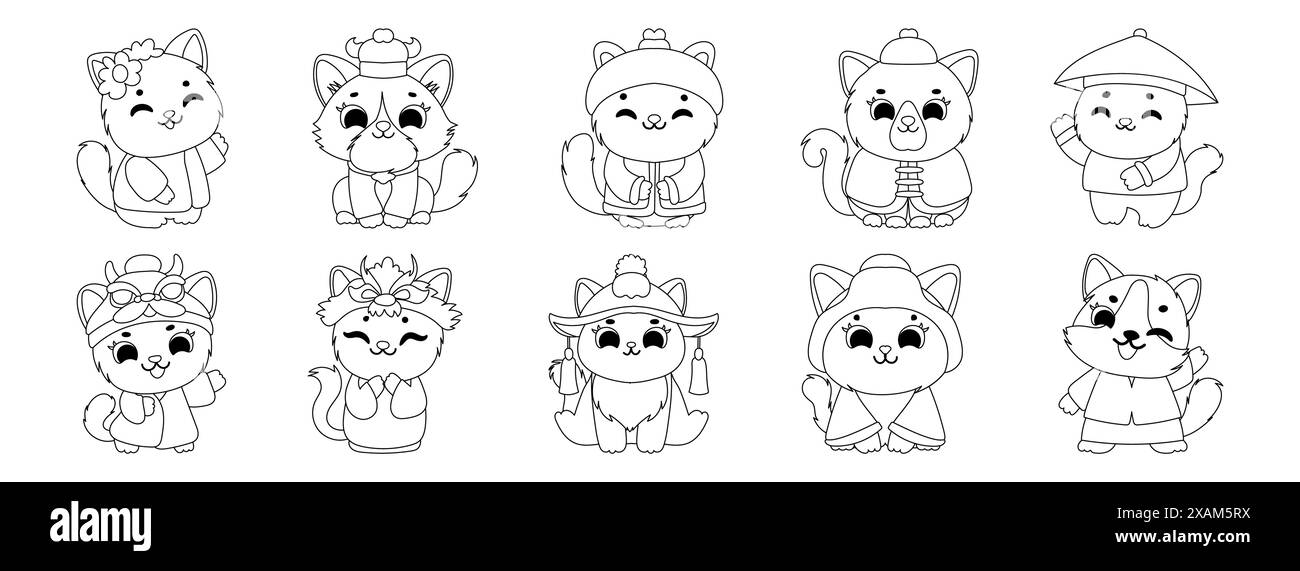 Niedliche schwarz-weiße Karikaturkatzen in traditionellen Kostümen, perfekt zum Färben und für Aktivitäten für Kinder. Stock Vektor