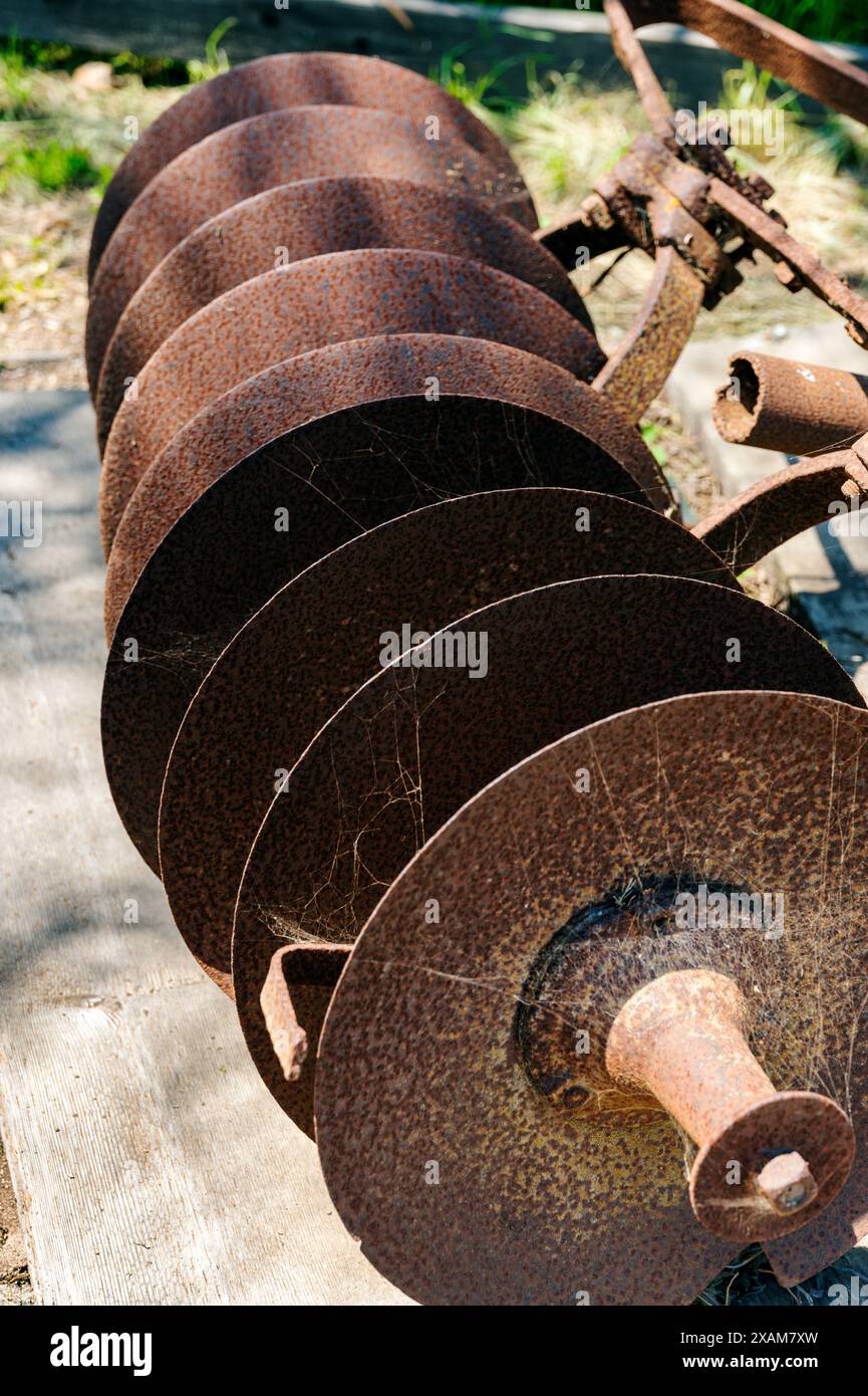 Verrosteter, alter, antiker Bauernhofpflug; Scorpion Ranch um 1800; Santa Cruz Island; Channel Islands National Park; Kalifornien; USA Stockfoto