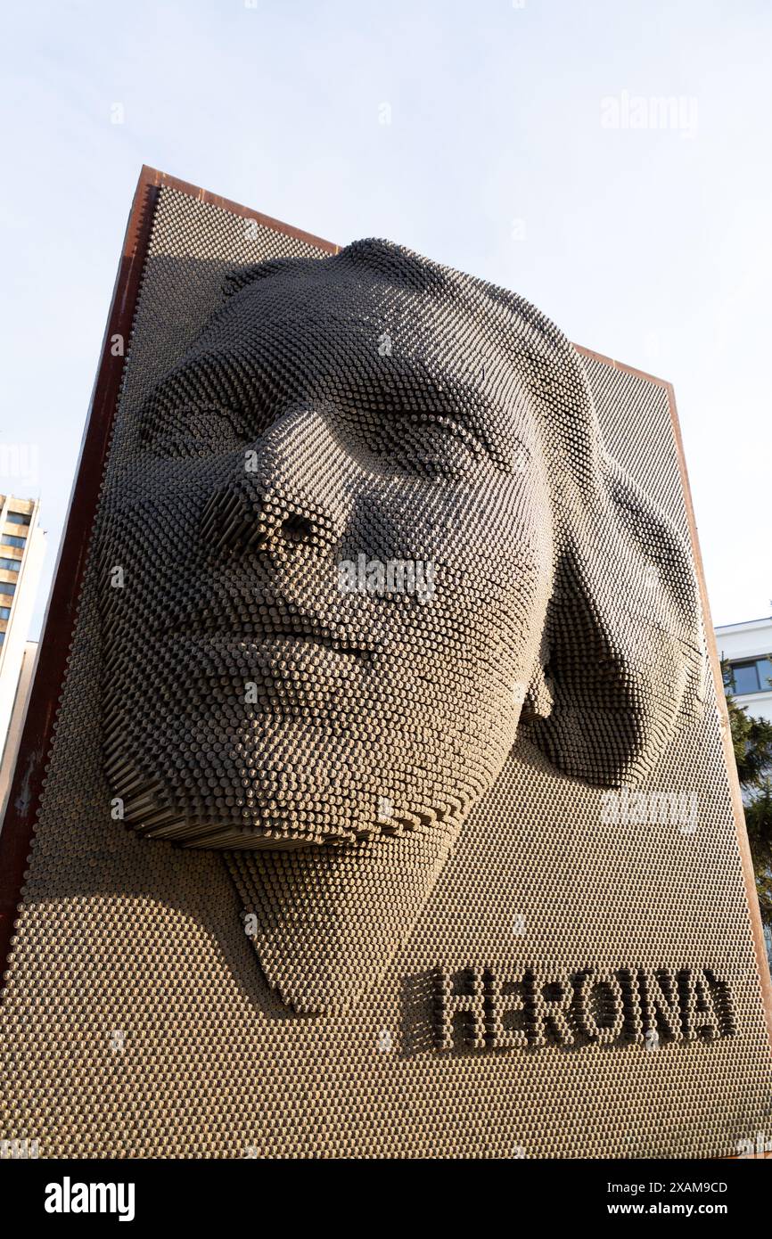 Pristina, Kosovo – 5. Februar 2024: Das Heroinat-Denkmal ist eine typografische Skulptur in Pristina, Kosovo, die mit 20.000 Pins für die Vergewaltigten geschaffen wurde Stockfoto