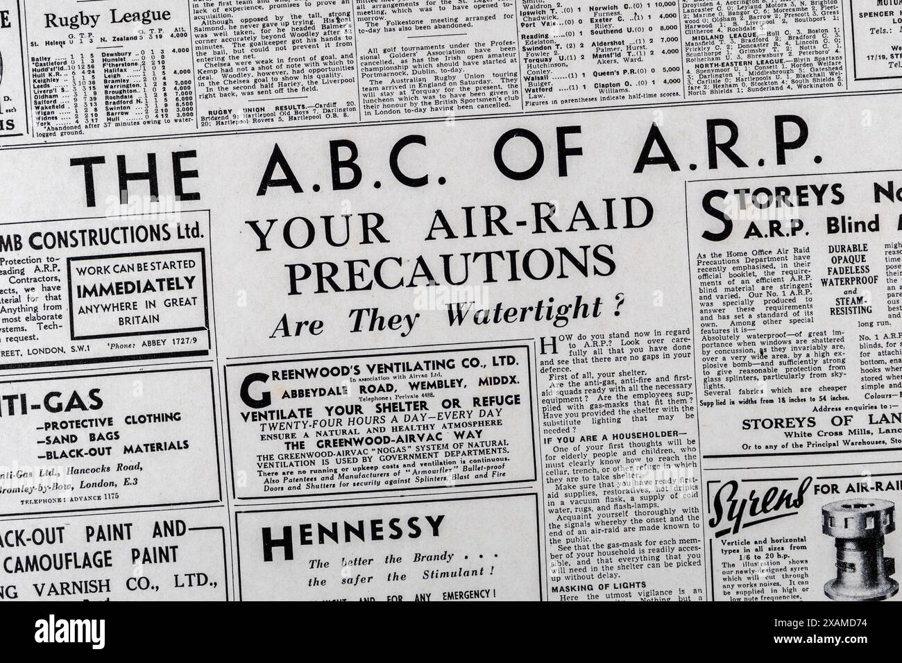 Das ABC der ARP Sektion für in der Daily Mail (Replica) 4. September 1939, über den Ausbruch des Zweiten Weltkriegs. Stockfoto