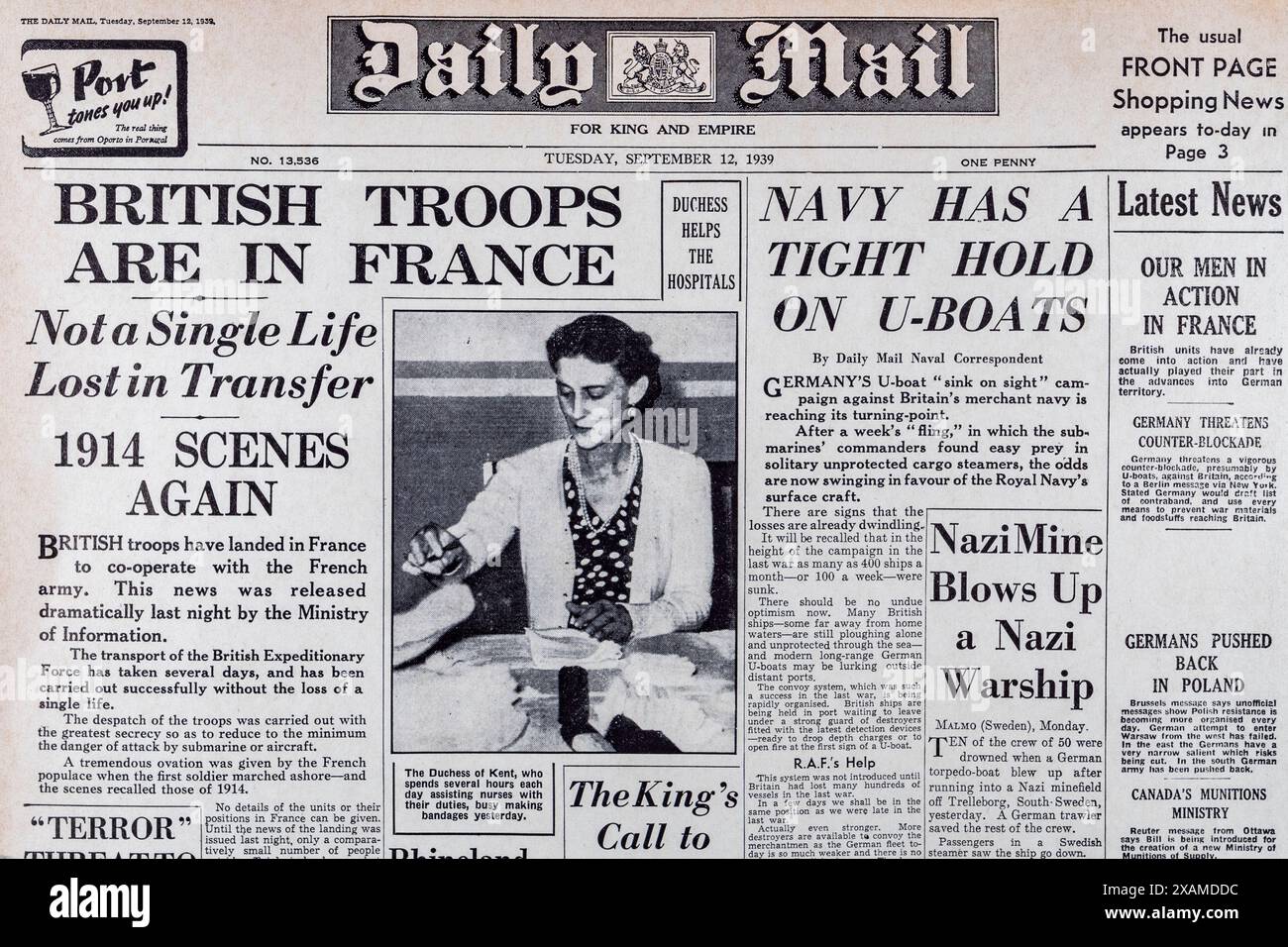 Titelseite der Daily Mail (Replik) 4. September 1939, zum Ausbruch des Zweiten Weltkriegs. Stockfoto