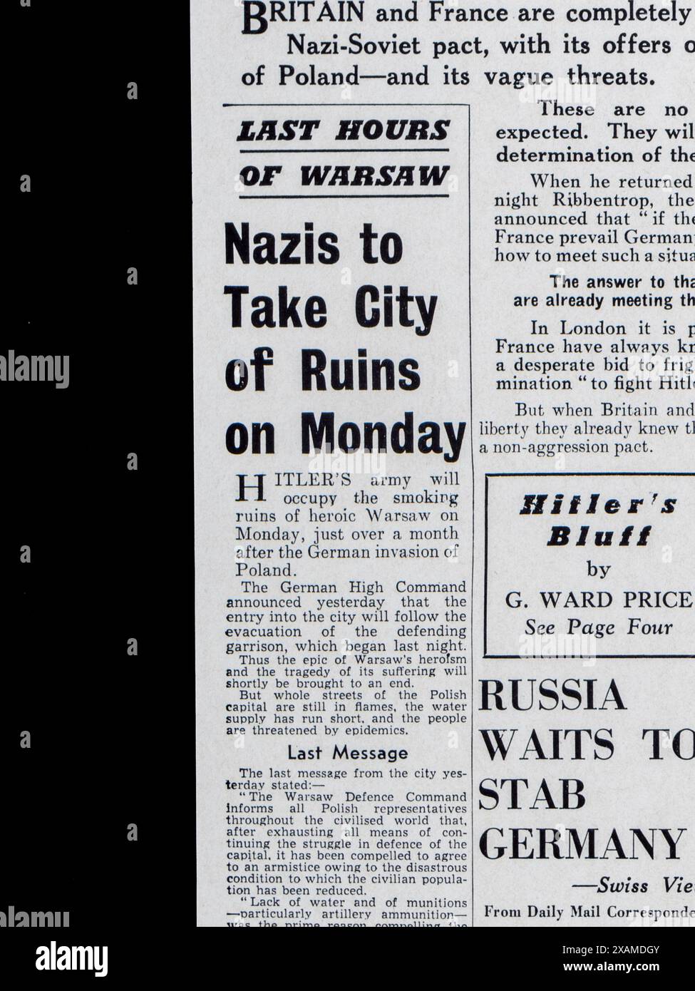 "Nazi to take City of Ruins on Monday" Schlagzeile und artikel in der Daily Mail (Replik) 18. September 1939, zu Beginn des Zweiten Weltkriegs. Stockfoto