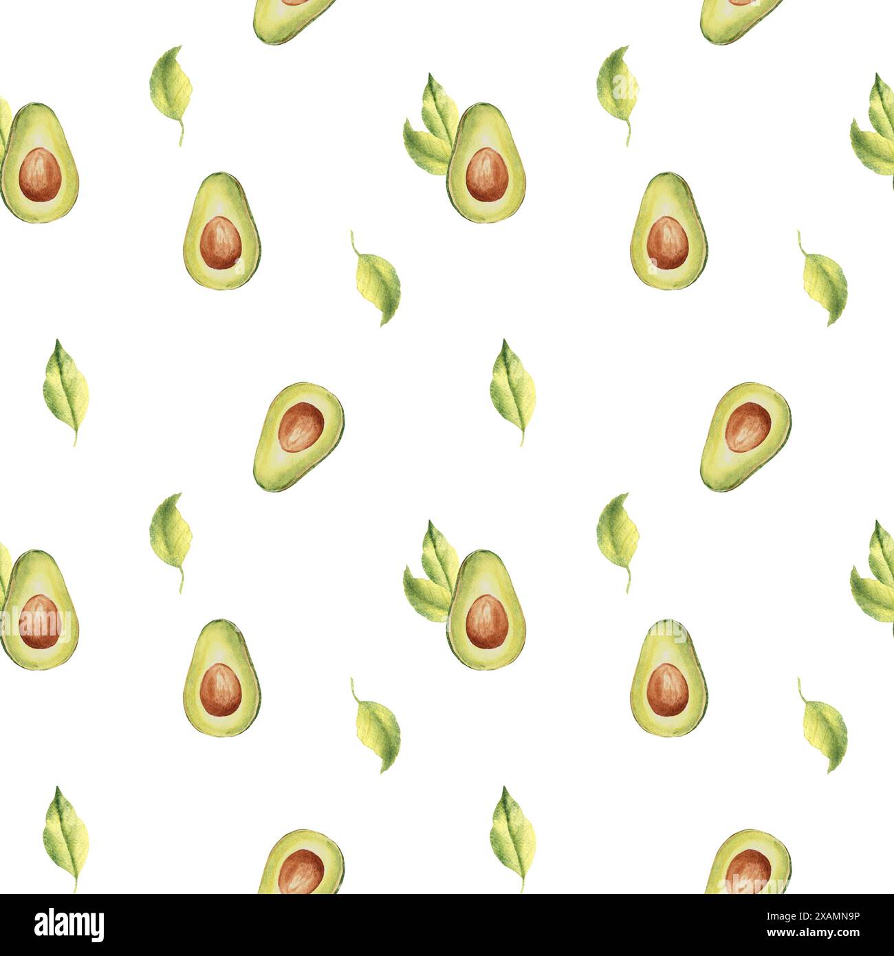 Nahtloses Muster reifer Avocadohälften und Blätter auf weißem Hintergrund. Kann für Textildrucke in der Küche und für Verpackungsdesign verwendet werden. Stockfoto