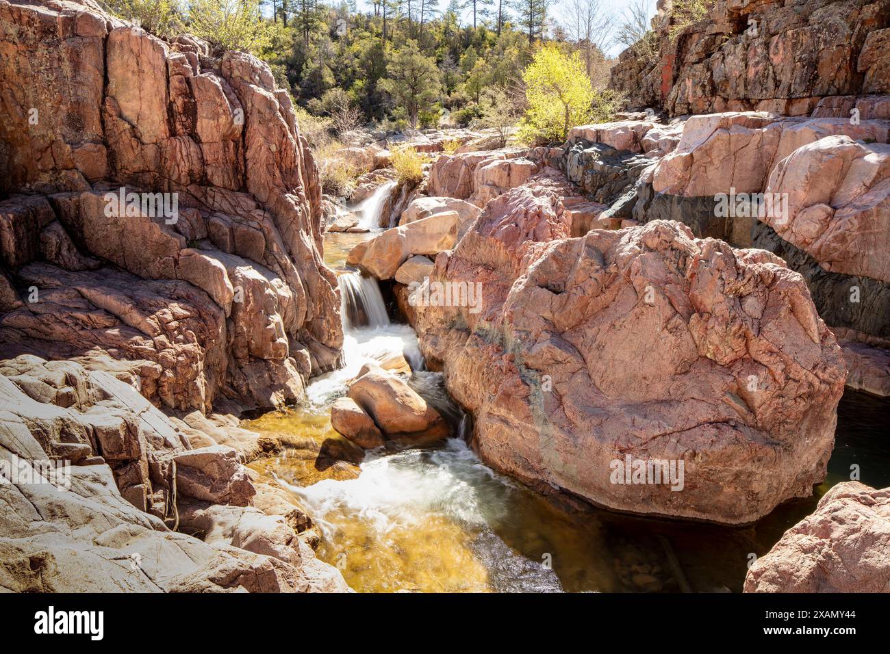 Wundervolle Wasserfälle entlang des herrlichen Water Wheel Falls Wander Trail in der Nähe von Peyson, Arizona (USA). Verführerisch, Erstaunlich, Atemberaubend, Fesselnd, Stockfoto