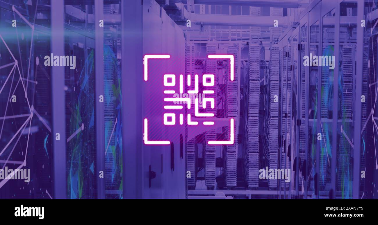 Bild des Neon-qr-Codes über dem Serverraum in Violet Stockfoto