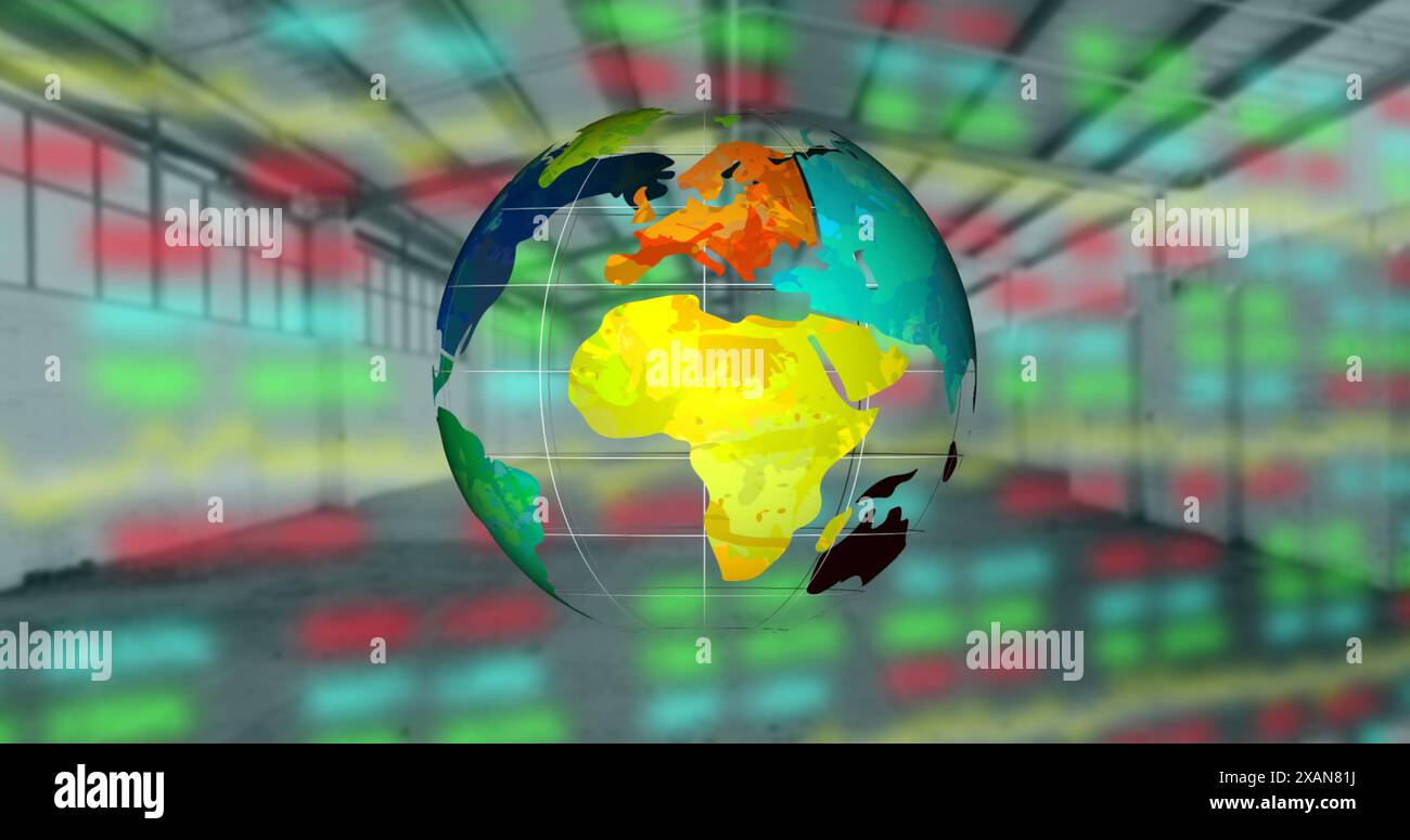 Bild eines rotierenden Globus über Finanzdaten und Diagrammen Stockfoto