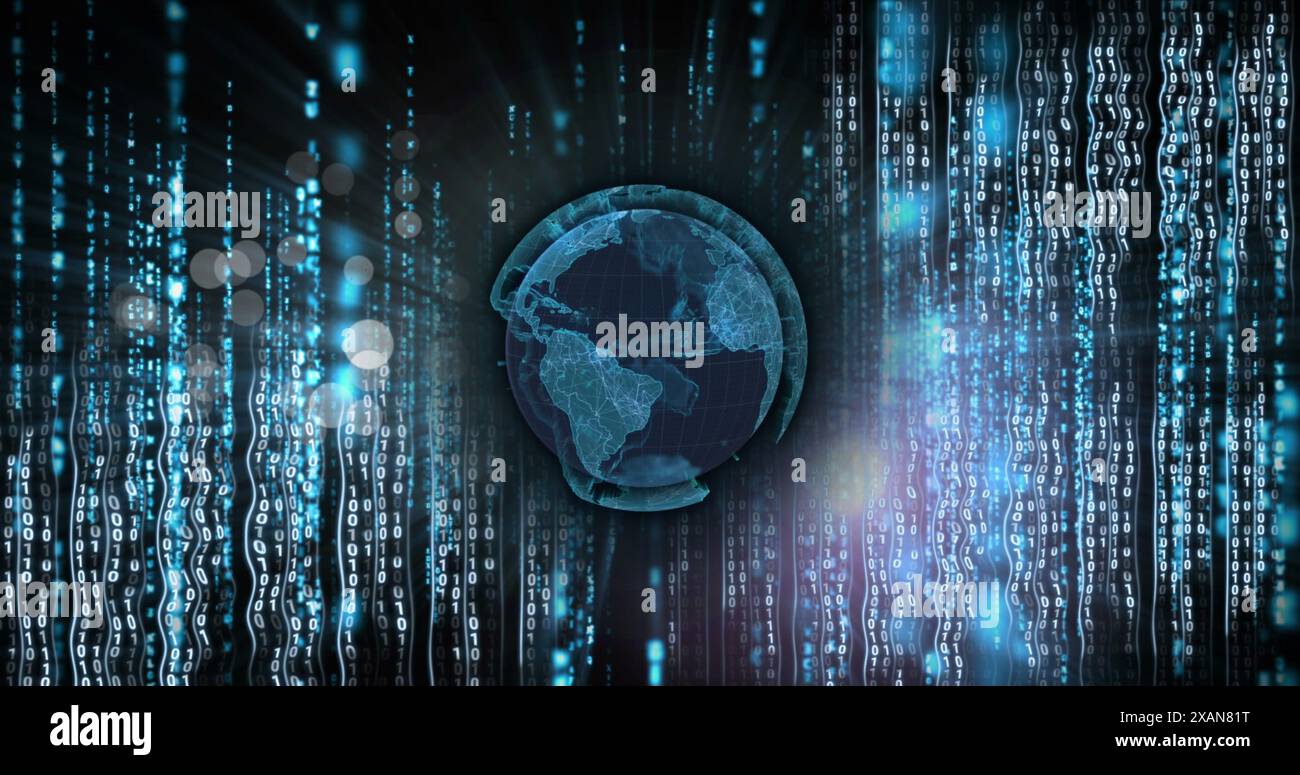 Bild des Globus über Datenverarbeitung auf schwarzem Hintergrund, Kopierraum Stockfoto