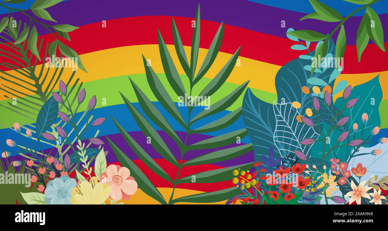 Bild von Blättern, Hosen und Blumen über Regenbogenhintergrund Stockfoto