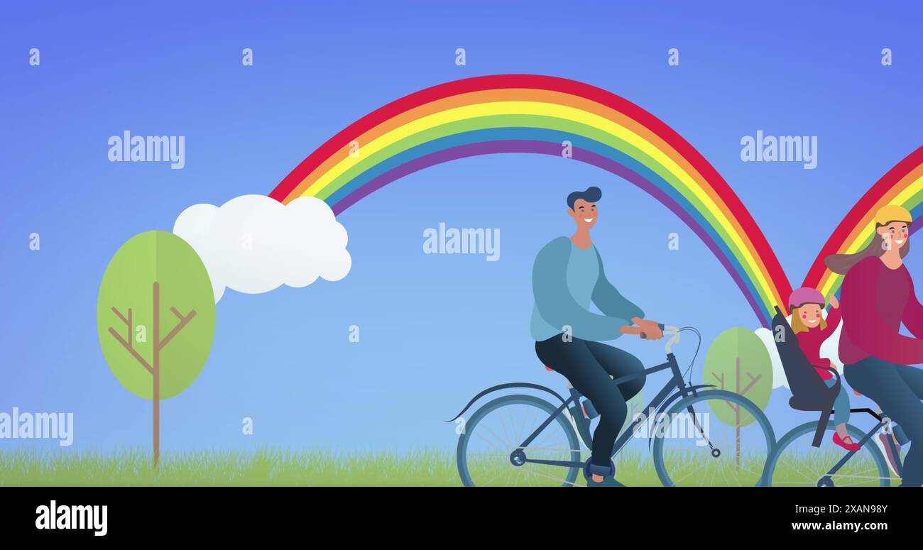 Bild von Bäumen und Wolken über dem Regenbogen auf blauem Hintergrund Stockfoto