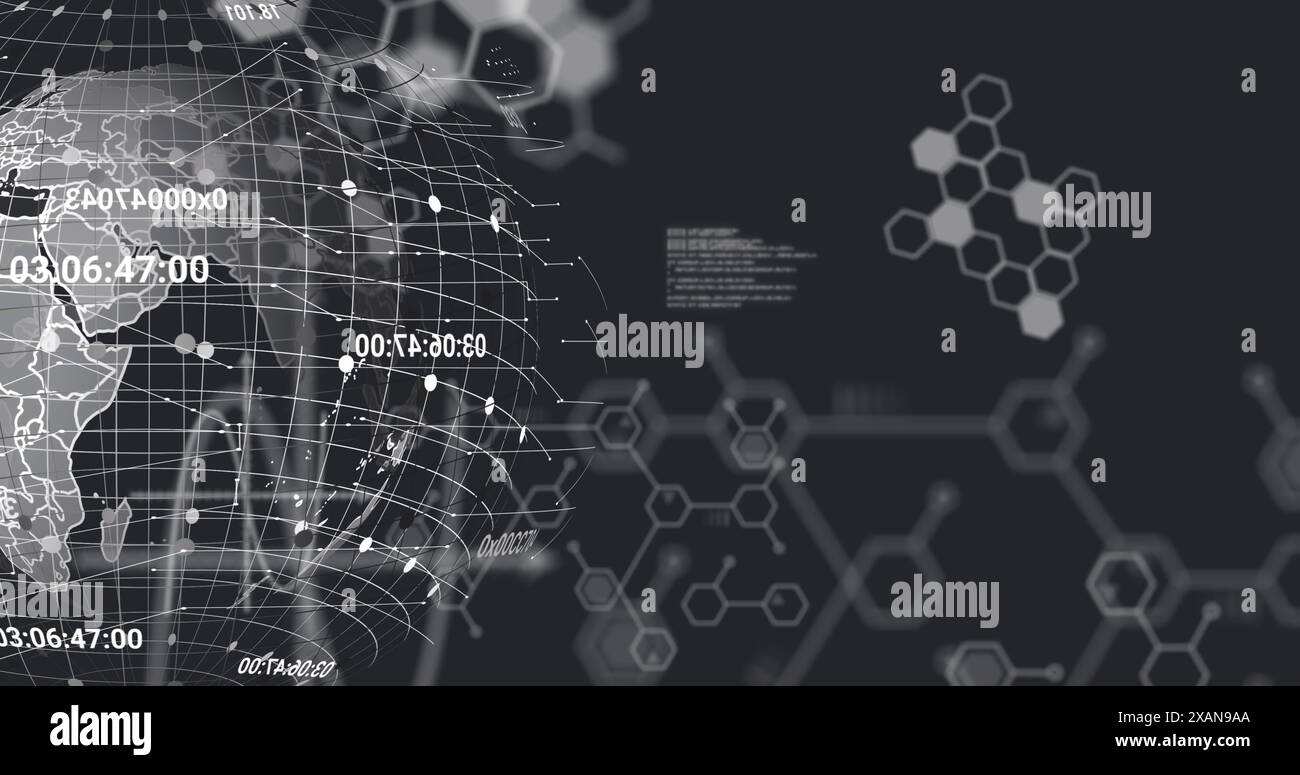 Bild der Computersprache, Molekülstrukturen und Gittermuster über dem Globus auf schwarzem Hintergrund Stockfoto