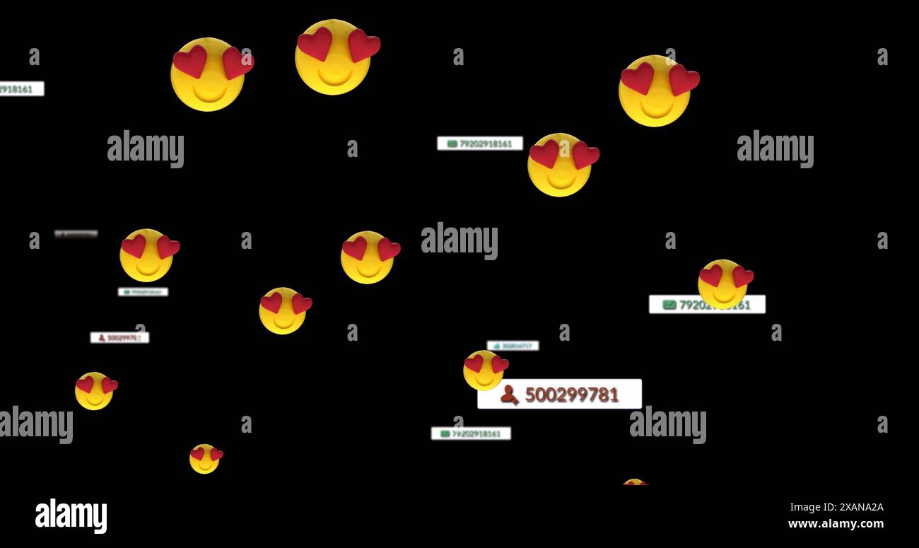 Bild der Medien- und Emoji-Symbole auf schwarzem Hintergrund Stockfoto