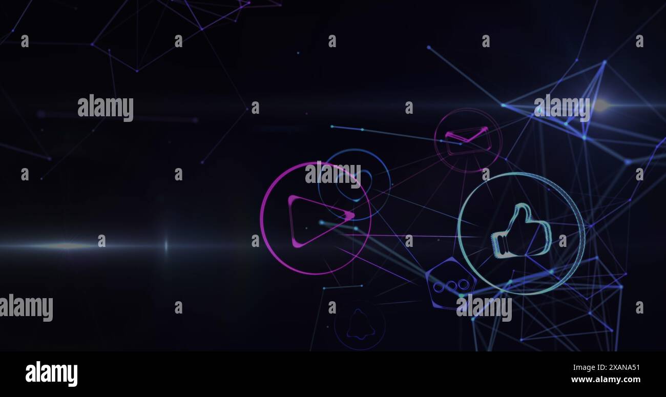 Bild von Lichtflecken und Mediensymbolen auf schwarzem Hintergrund Stockfoto