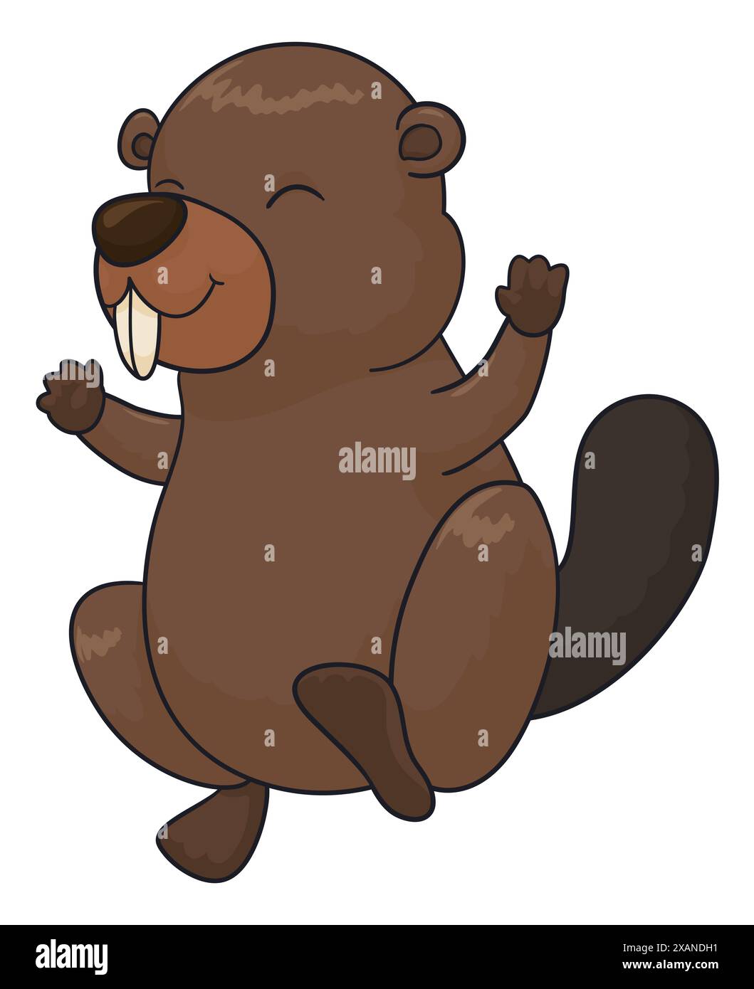 Festlicher und fröhlicher Biber, der mit hohen Händen im Cartoon-Stil und weißem Hintergrund feiert. Stock Vektor