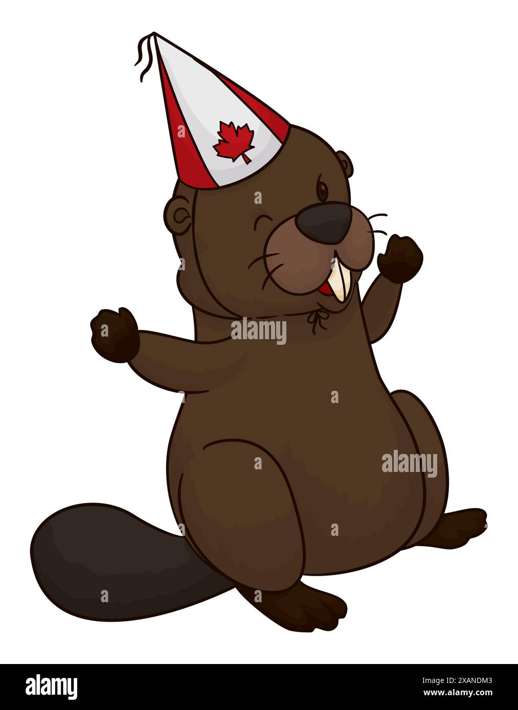 Fröhlicher Biber steht und feiert mit einem winzigen Partyhut, der im kanadischen Cartoon-Stil dekoriert ist. Stock Vektor