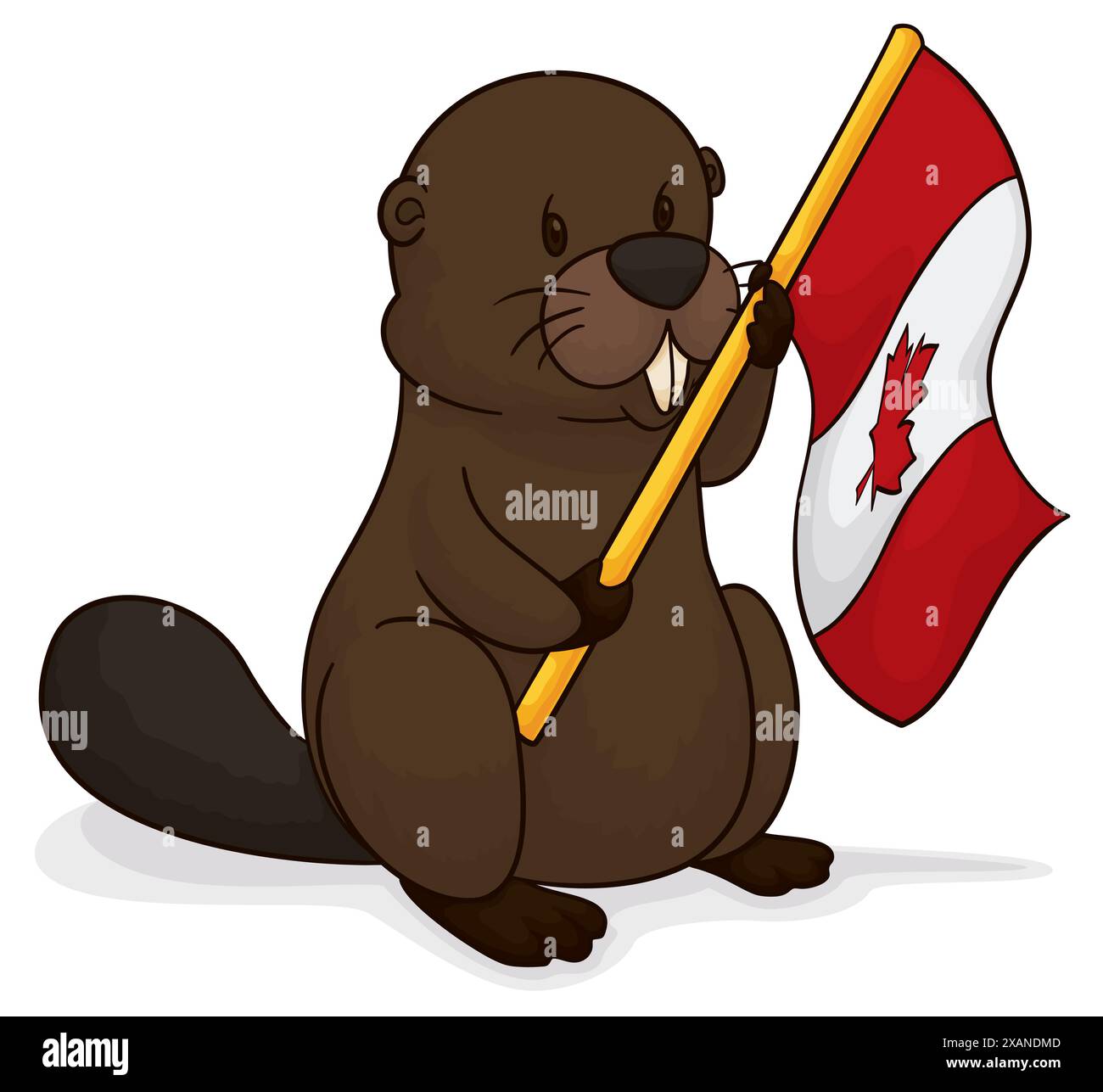 Biber, der eine Kanadas Flagge mit goldenem Fahnenmast hält. Design im Cartoon-Stil. Stock Vektor
