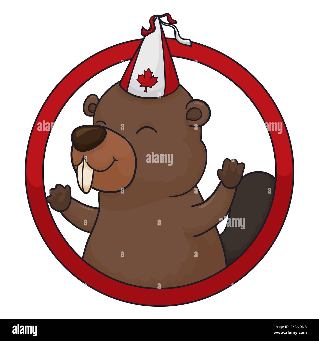 Fröhlicher und festlicher Biber trägt Partyhut mit Kanada-Design im runden Rahmen im Cartoon-Stil. Stock Vektor