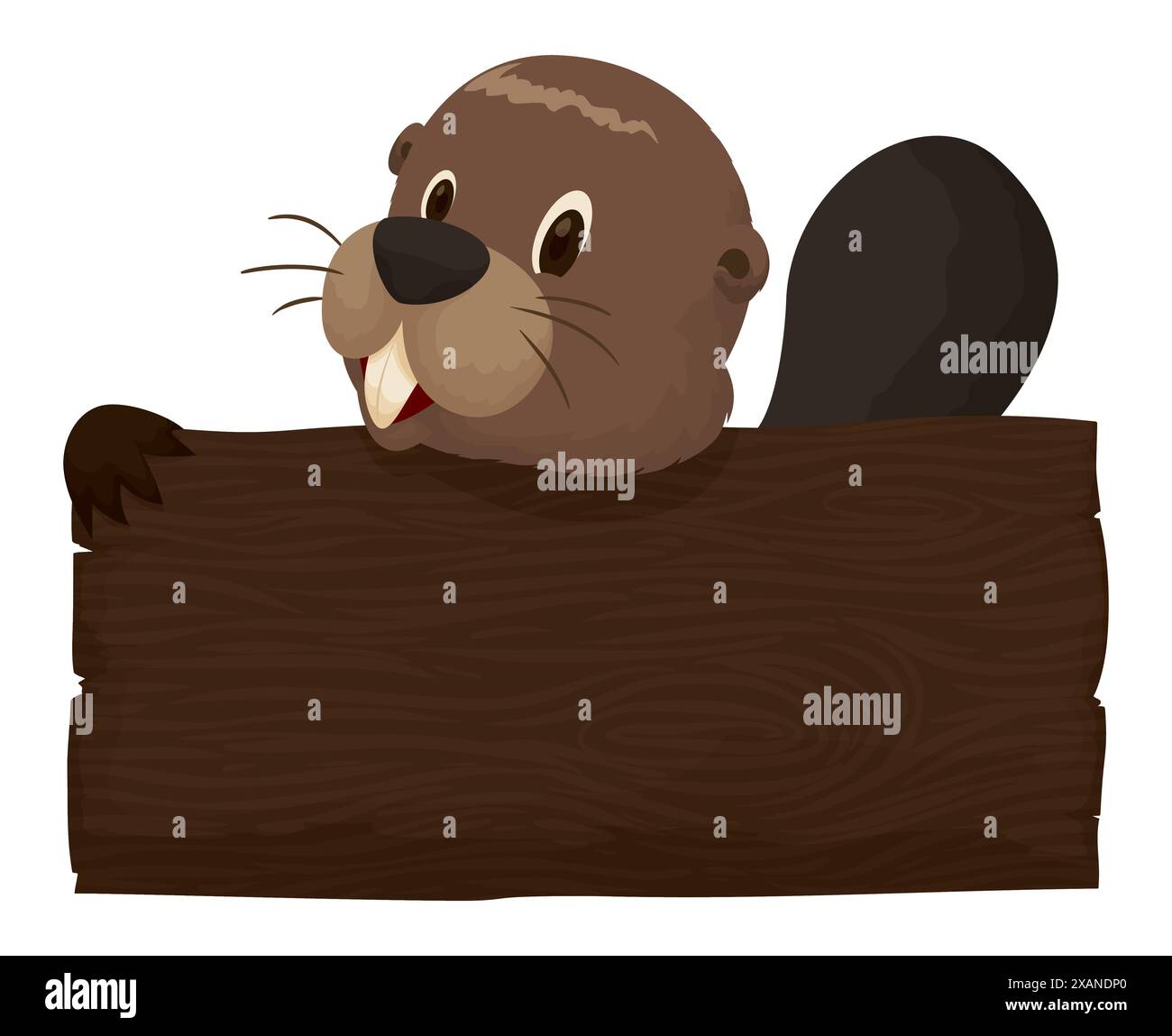 Süßer Biber, der eine Holzplanke hält. Vorlage im Cartoon-Stil. Stock Vektor