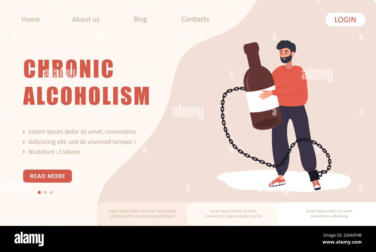 Chronischer Alkoholismus. Vorlage für Landing-Page. Betrunkener Mann an eine Flasche Alkohol gekettet. Gesundheitsbewusstes Lebensgefühl. Alkoholsucht. Vektor Stock Vektor