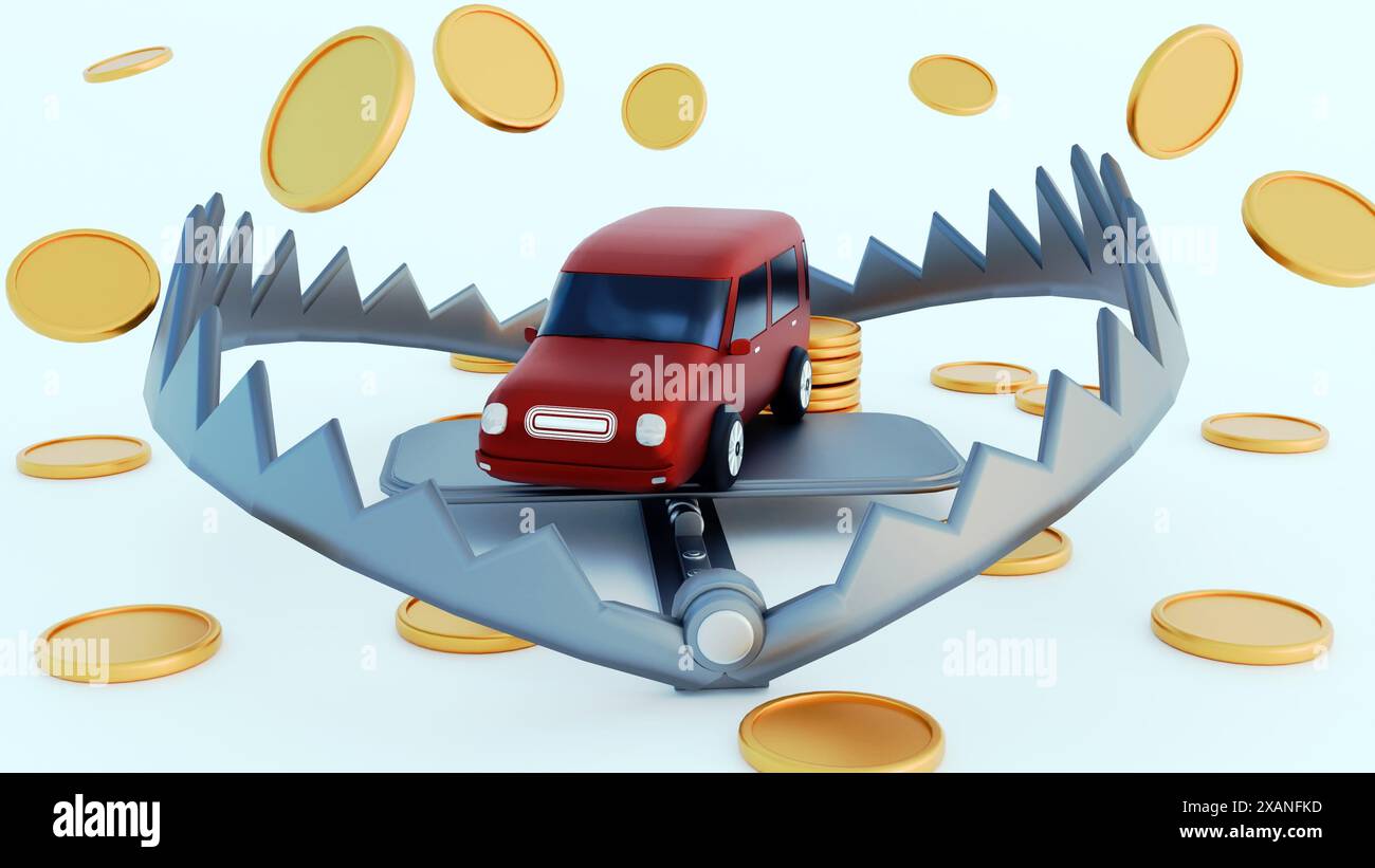 3D-Wiedergabe von Auto, Goldmünzen und Bärenfalle isoliert auf dem Hintergrund Stockfoto