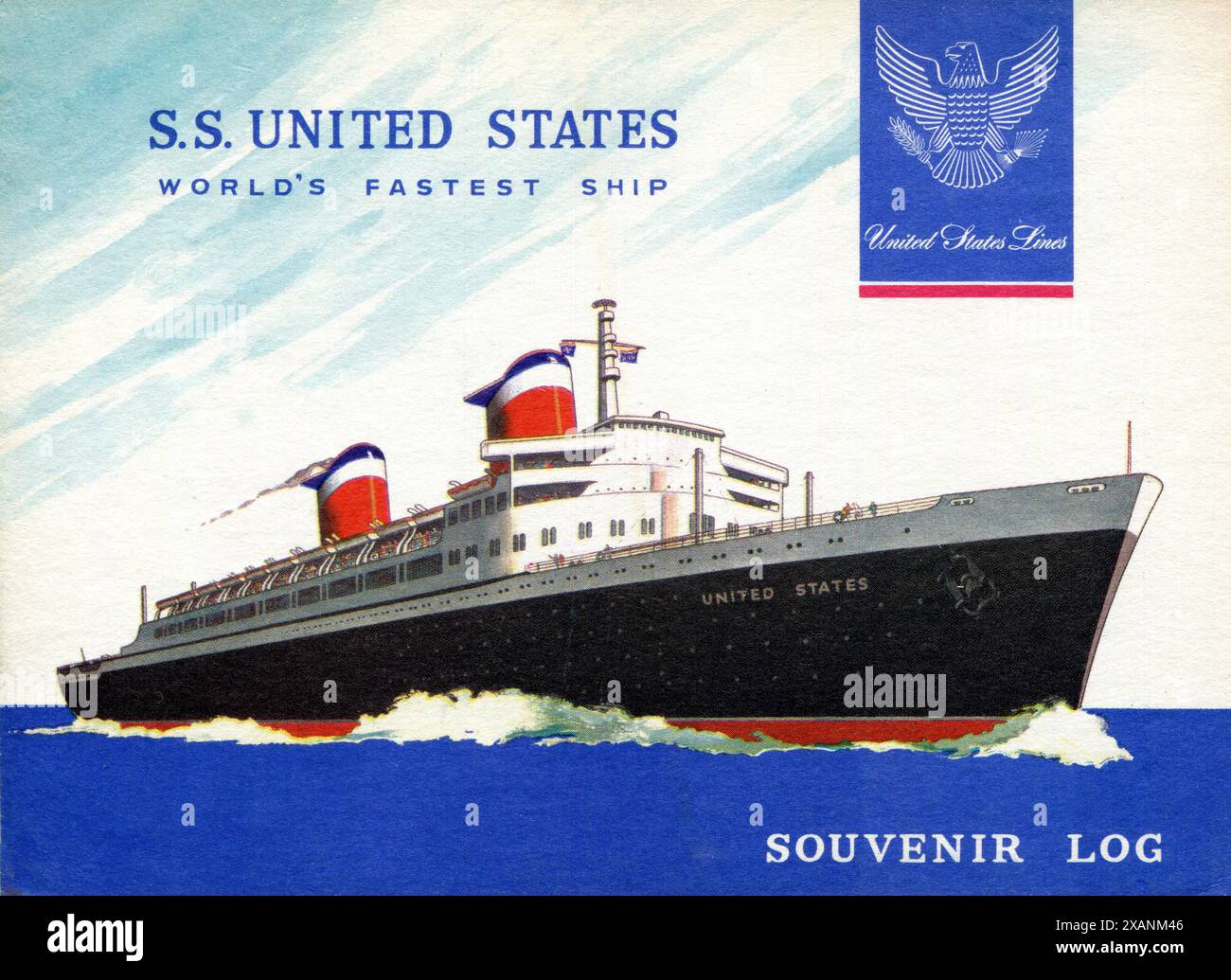 Ein Andenken-Logbuch-Vorderbild des 1952 gebauten SS-amerikanischen Ozeanschiffers. Das Schiff wurde von der Newport News Shipbuilding and Drydock Company für die United States Lines als Seefahrer und potenzielles Truppenschiff gebaut. Das Schiff diente hauptsächlich auf der Transatlantikroute zwischen New York City und Europa. Trotz des anfänglichen Erfolgs führte der Anstieg der Flugreisen zu einem Rückgang der Nachfrage nach transatlantischen Seefahrern und die SS United States wurde 1969 schließlich aus dem Dienst genommen Stockfoto