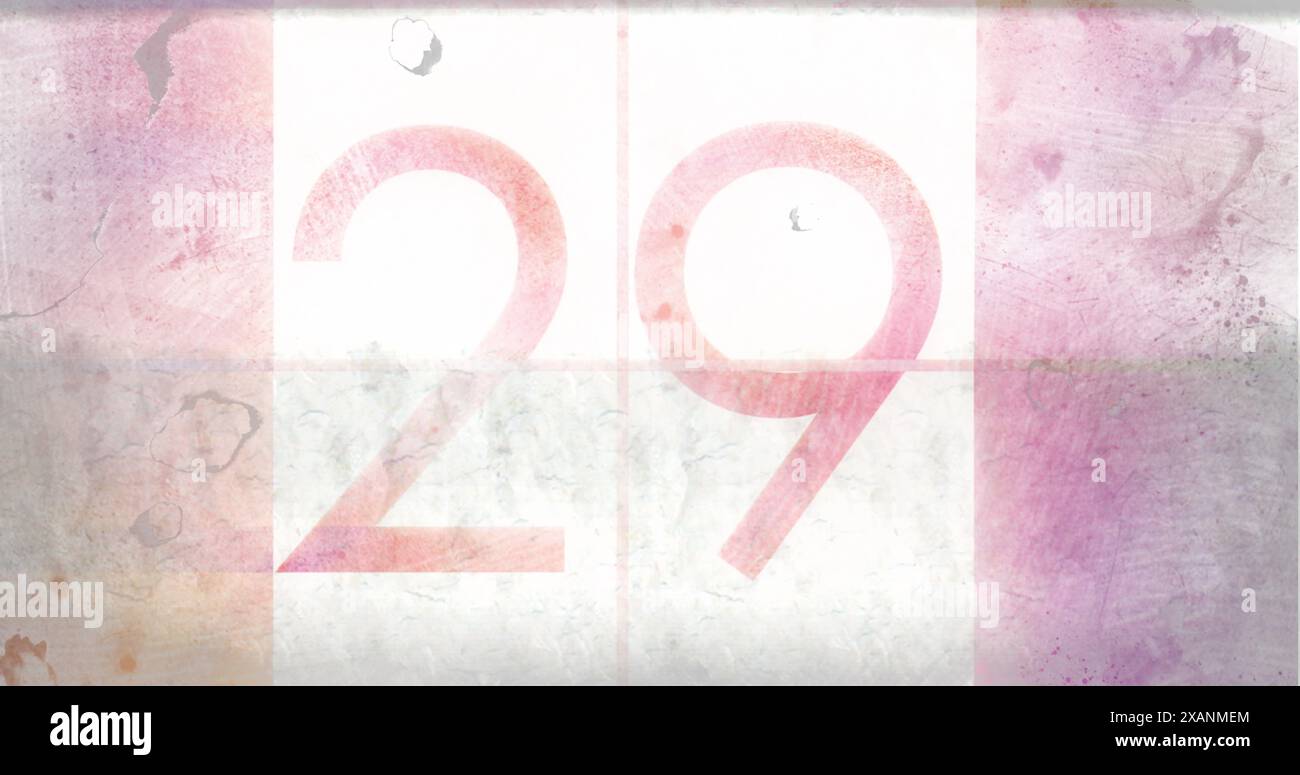 Die große Zahl 29 wird auf strukturiertem Hintergrund in Rosa- und Weißtönen angezeigt Stockfoto