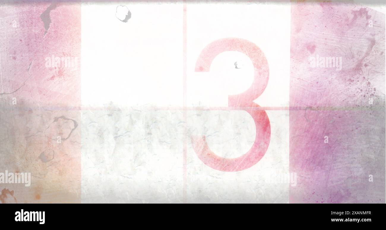 Große Zahl drei in Rot auf weißem Hintergrund mit rosa und violetten Tönen Stockfoto