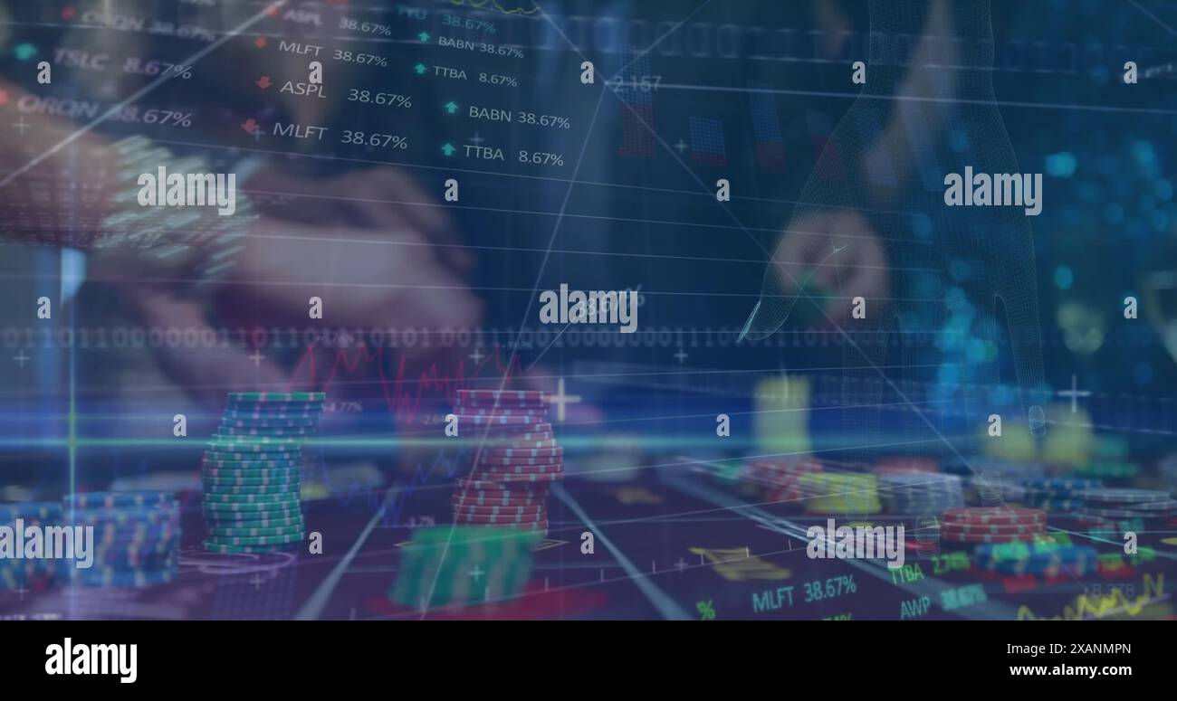 Bild von der Verarbeitung von Finanzdaten und der Welt über verschiedene Menschen im Casino Stockfoto